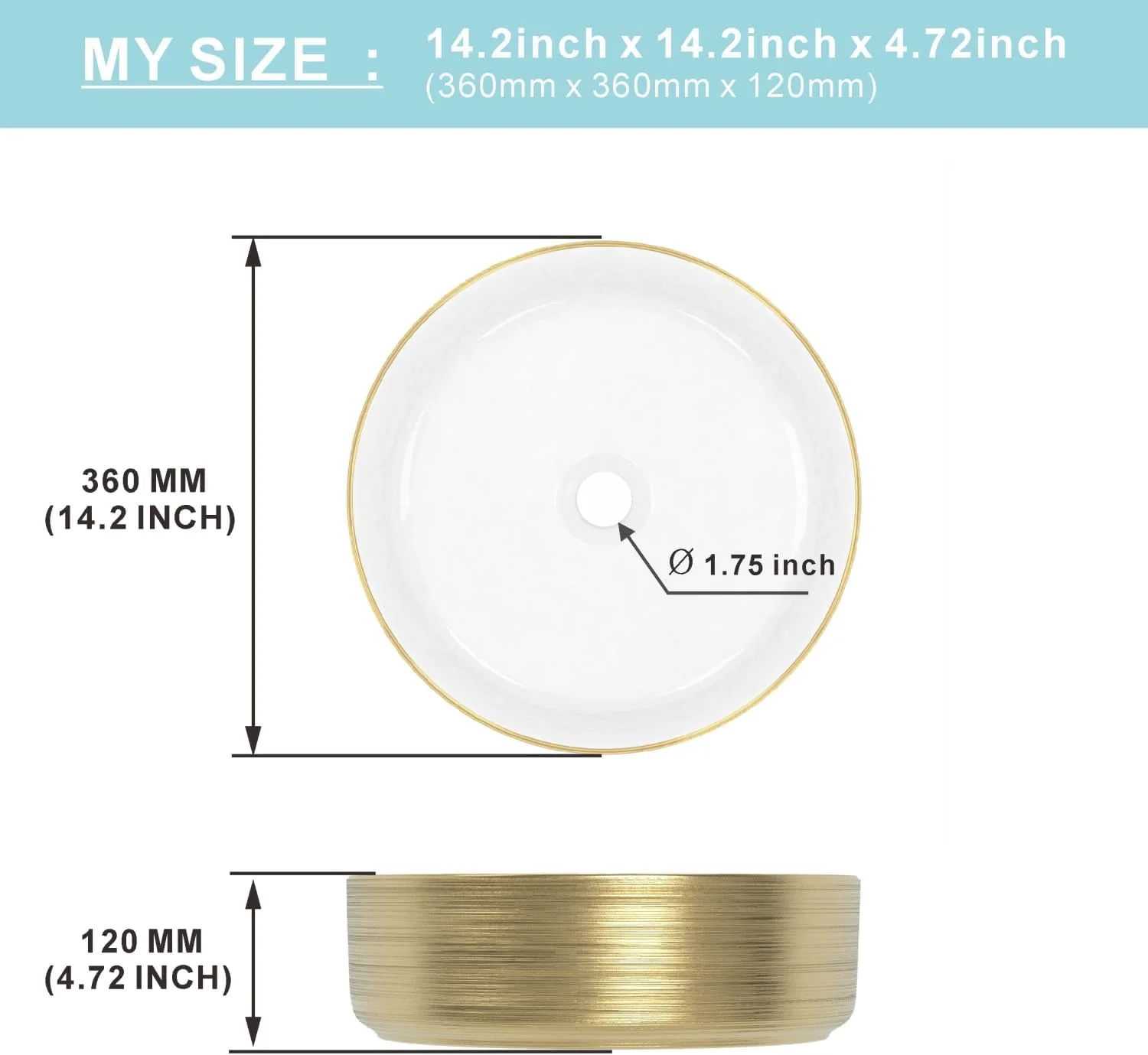 روشویی کاسه ای سرامیکی طرح J-FAMILY مناسب روشویی، طرح هنری، بافت برس خورده، تزئین طلایی، کاسه گرد، 36 سانتی متر