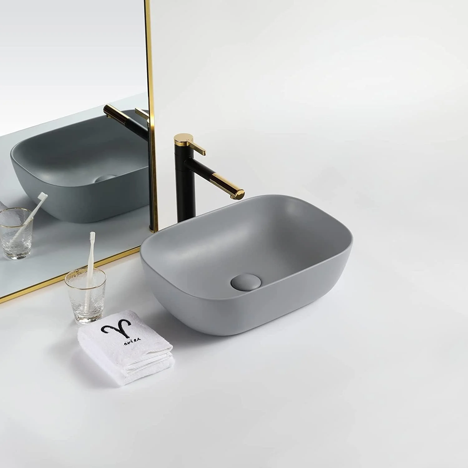 روشویی سرامیکی رومیزی REMOTION | روشویی کاسه ای | سینک روشویی روکار برای حمام، هتل، اتاق نشیمن (45.72x33.02x13.97 سانتی متر) (خاکستری مات)