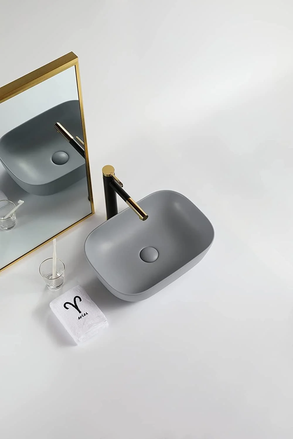 روشویی سرامیکی رومیزی REMOTION | روشویی کاسه ای | سینک روشویی روکار برای حمام، هتل، اتاق نشیمن (45.72x33.02x13.97 سانتی متر) (خاکستری مات)