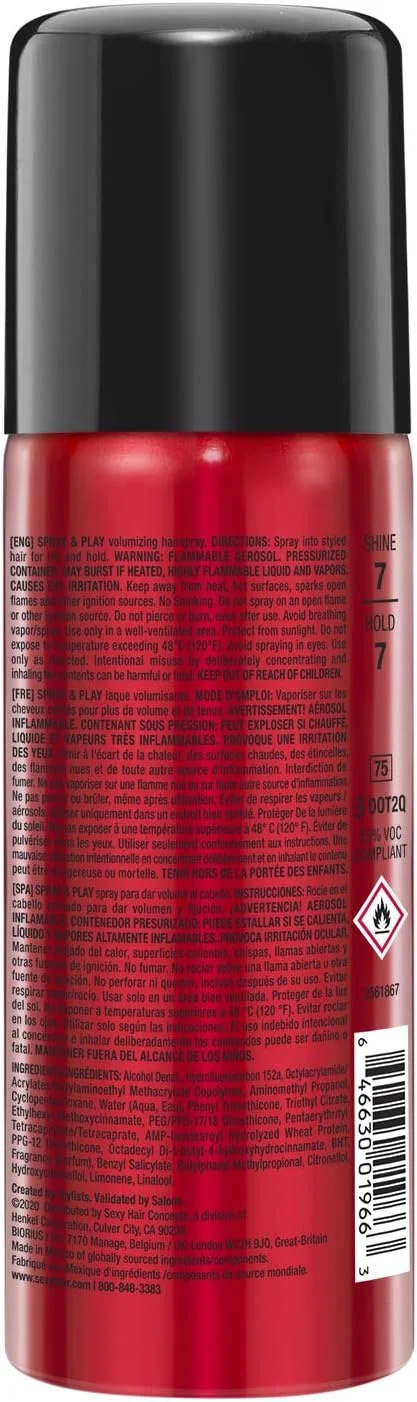 اسپری مو حجم دهنده SexyHair Big Spray & Play، سایز مسافرتی، 45 میلی لیتر | حالت دهنده و براق کننده | مقاوم در برابر رطوبت تا 72 ساعت | مناسب برای انواع مو