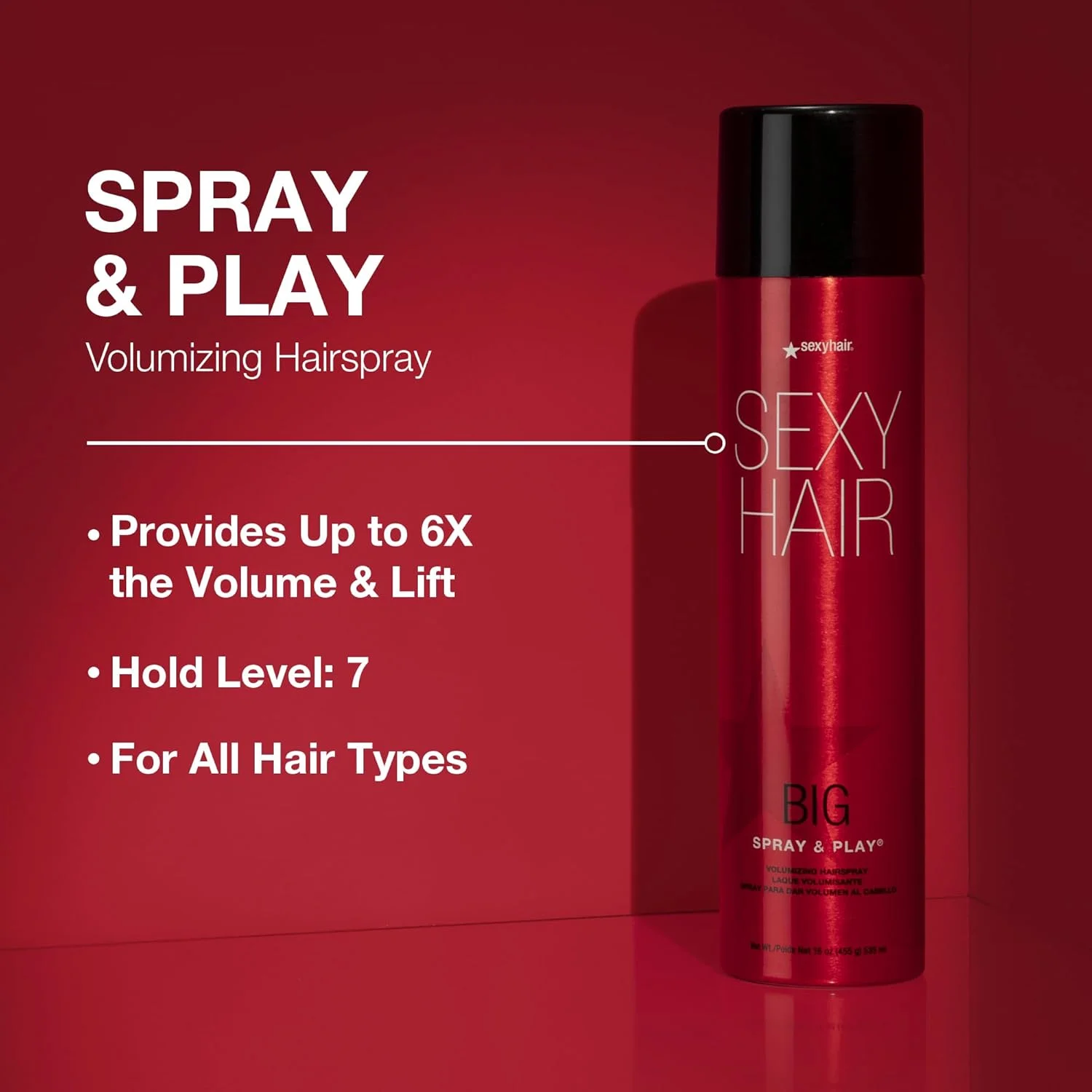 اسپری مو حجم دهنده SexyHair Big Spray & Play، سایز مسافرتی، 45 میلی لیتر | حالت دهنده و براق کننده | مقاوم در برابر رطوبت تا 72 ساعت | مناسب برای انواع مو