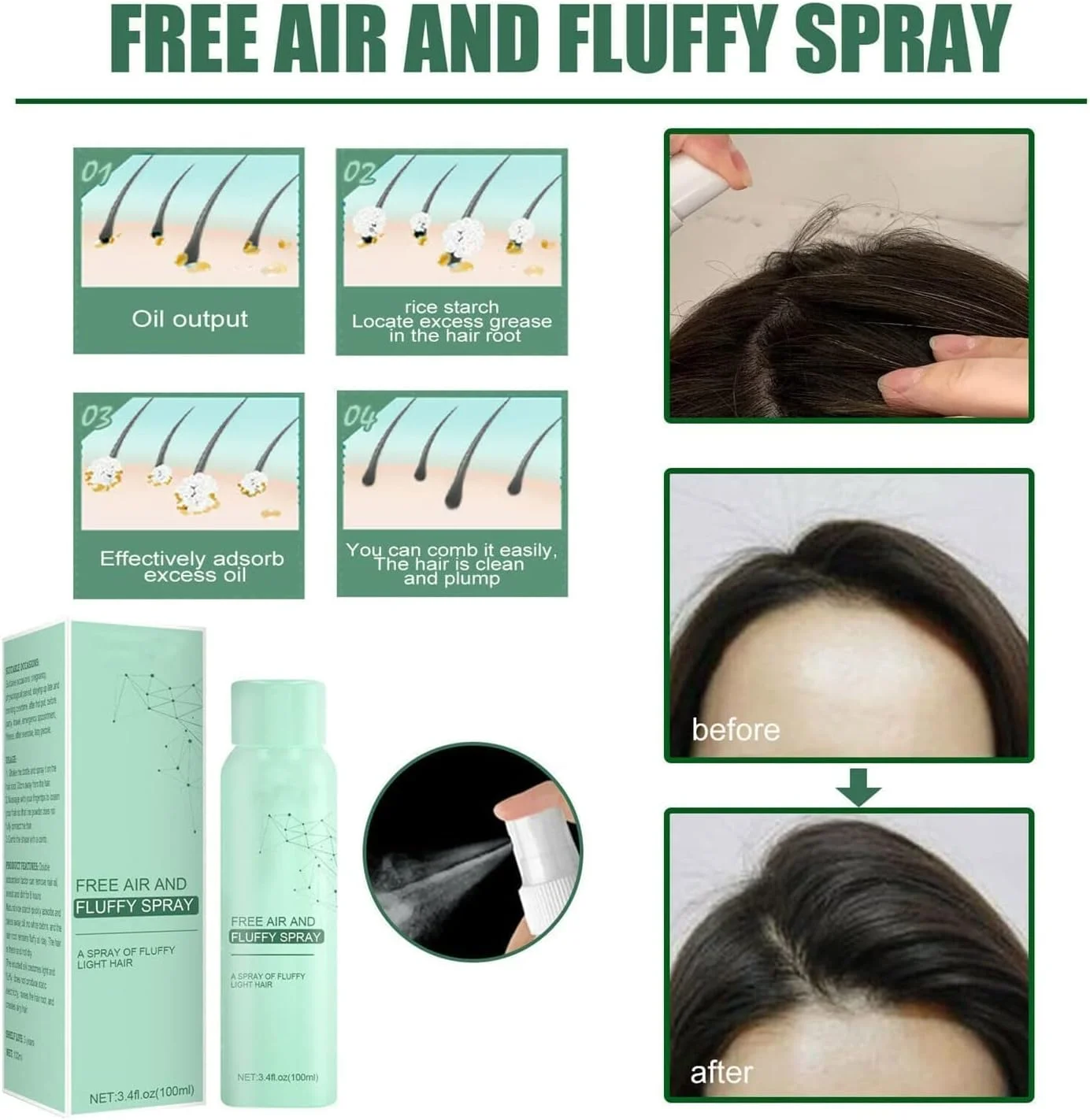 اسپری حجم دهنده موی کرکی جدید 2022، اسپری مو بدون نیاز به شستشو مراقبت از حجم فوری، اسپری موی خشک بدون نیاز به شستشو، اسپری حجم دهنده موی کرکی بدون نیاز به شستشو، غیر چسبنده، کنترل کننده چربی اسپری 100 میلی لیتر (2 عدد، نوع A)