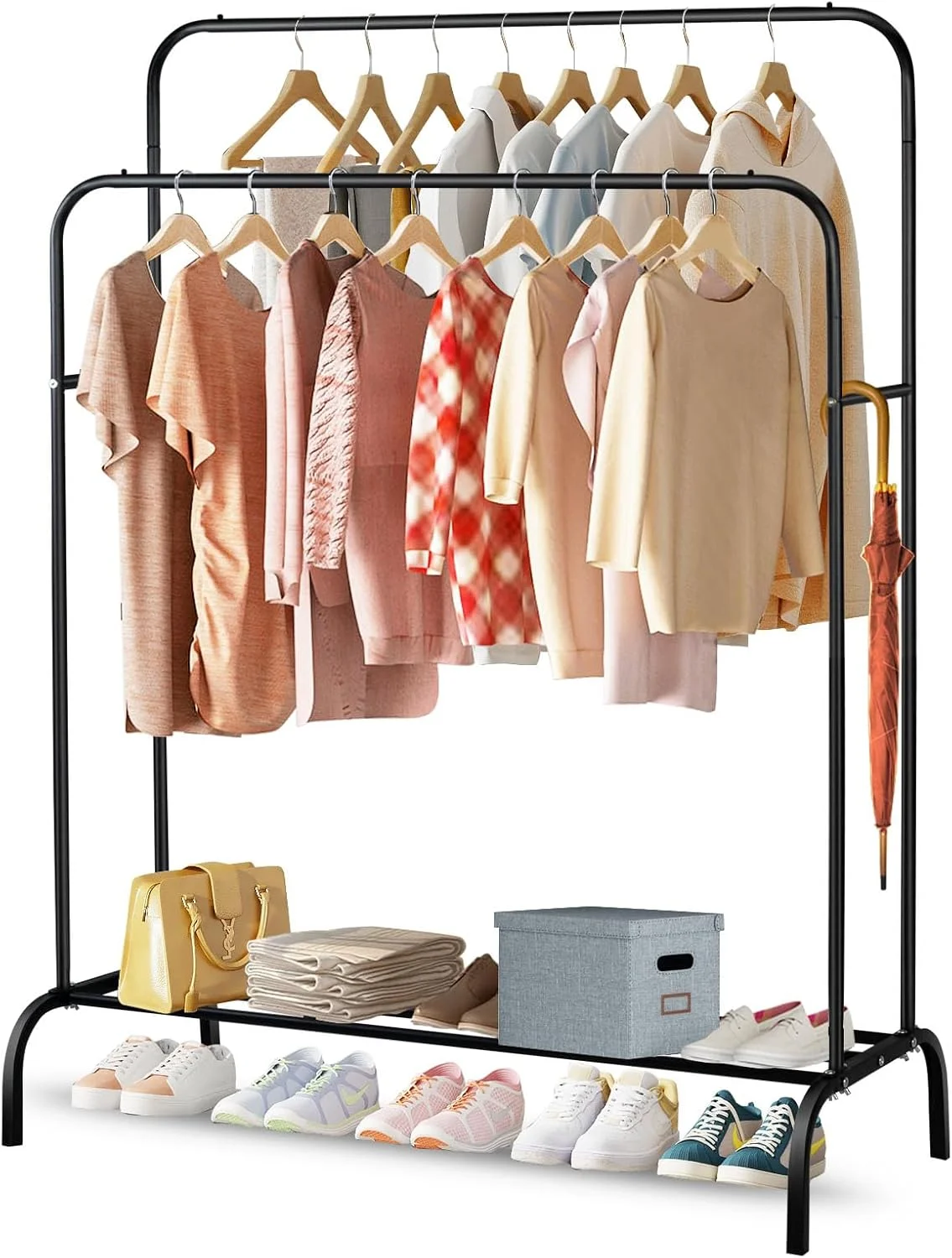 SKY-TOUCH Double-Rail Clothes Rack｜Multifunctional Heavy-duty Clothes Rack｜Metal Freestanding Clothes Rail Garment｜with Lower Storage Shelf｜Hanging Rack Organizer for Bedroom｜Black 110.5 * 50 * 152cm