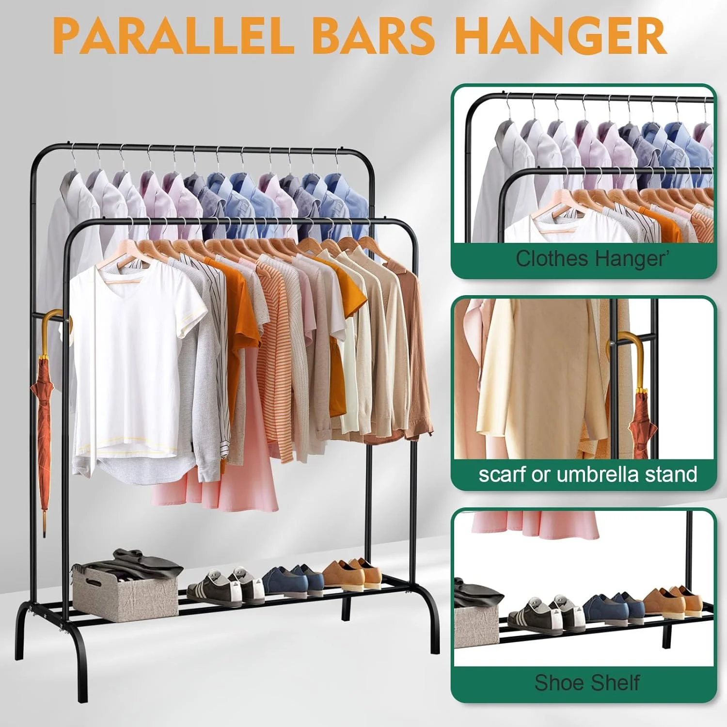 SKY-TOUCH Double-Rail Clothes Rack｜Multifunctional Heavy-duty Clothes Rack｜Metal Freestanding Clothes Rail Garment｜with Lower Storage Shelf｜Hanging Rack Organizer for Bedroom｜Black 110.5 * 50 * 152cm