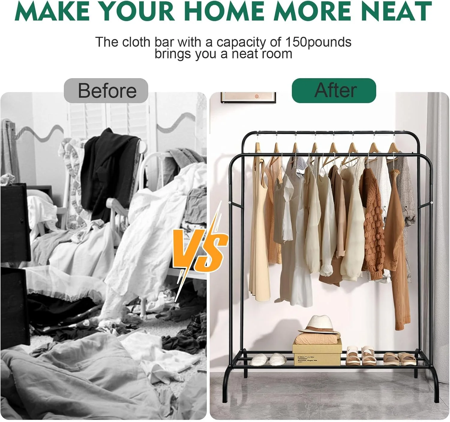 SKY-TOUCH Double-Rail Clothes Rack｜Multifunctional Heavy-duty Clothes Rack｜Metal Freestanding Clothes Rail Garment｜with Lower Storage Shelf｜Hanging Rack Organizer for Bedroom｜Black 110.5 * 50 * 152cm