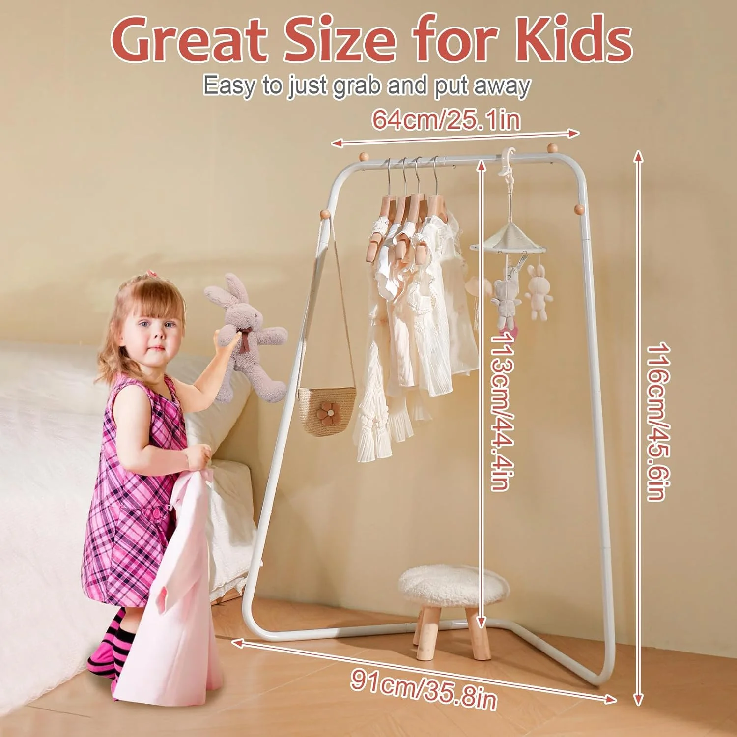 رگال لباس گوشه ای کودک YGJT، کمد لباس برای دختران کوچک با قفسه ذخیره سازی پایین، کمد لباس کودک نو پا زیبا برای آویزان کردن کت، لباس رقص، لباس مجلسی، لباس در اتاق خواب، سفید