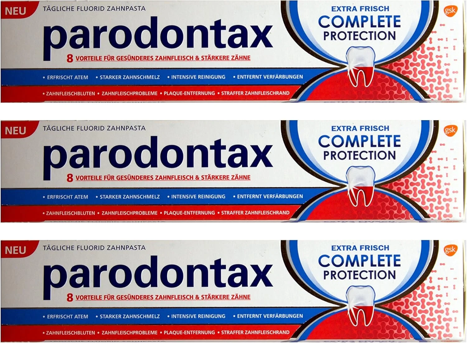 خمیر دندان فلوراید محافظت کامل Parodontax، 8 مزیت، 75 میلی لیتر (3 عدد)