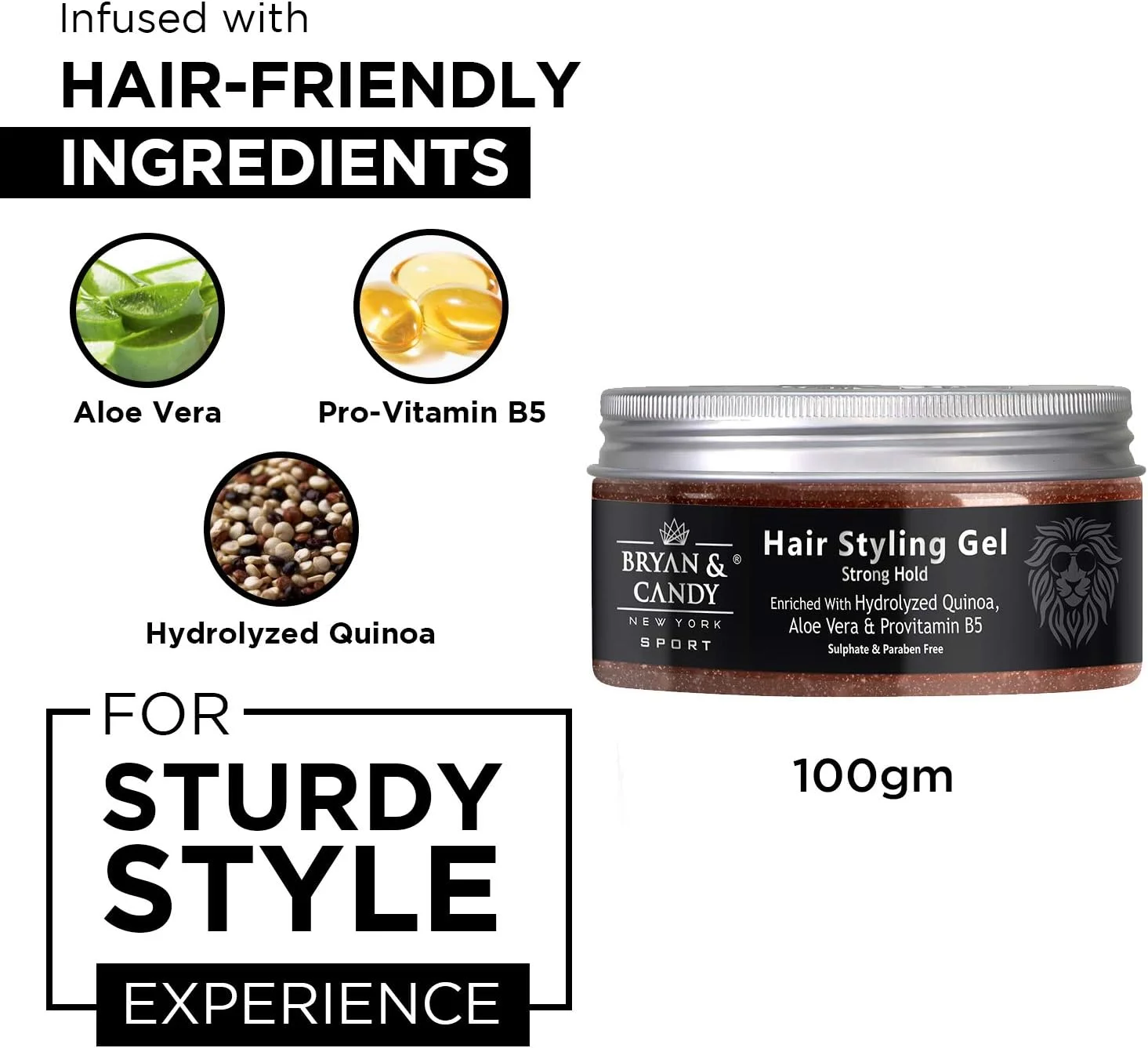 ژل حالت دهنده مو برایان اند کندی نیویورک سری Lion برای نگهداری قوی - 100 گرم، غنی شده با کینوا هیدرولیز شده، آلوئه ورا و پرو ویتامین B5