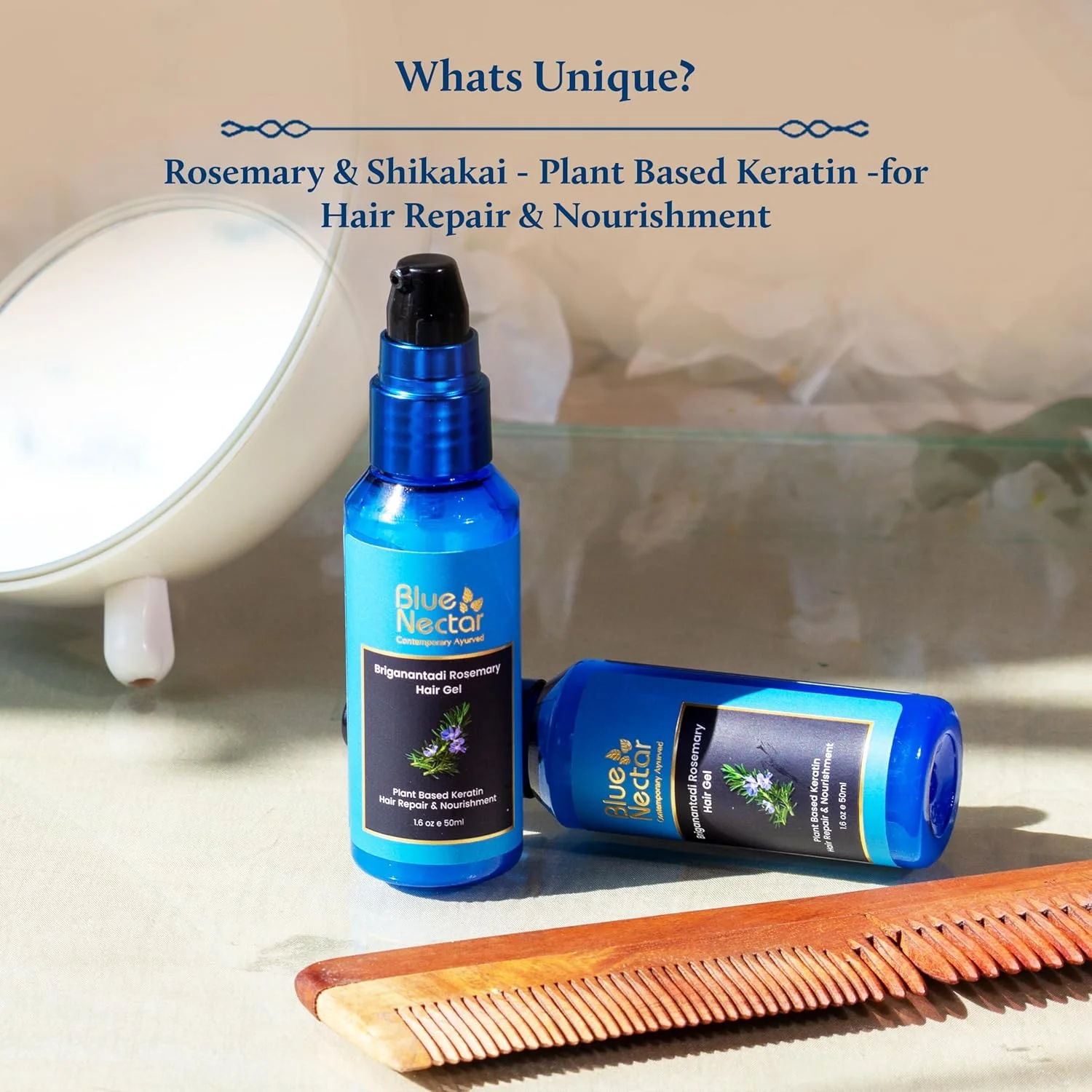 ژل مو رزماری بلو نکتار برای موهای فر و وز | مرطوب کننده مو کراتینه گیاهی برای زنان و مردان | مناسب برای انواع مو (12 گیاه، 50 میلی لیتر)