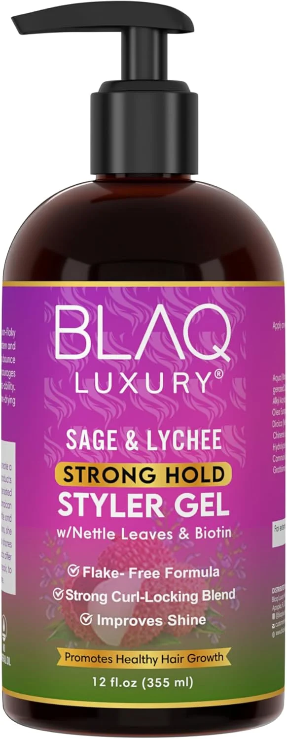 ژل حالت دهنده قوی مریم گلی و لیچی لاکچری Blaq - فرمول بدون الکل و بدون پوسته برای نگهداری در تمام طول روز - غنی شده با بیوتین - تقویت کننده ترمیم، رشد و حالت پذیری مو - 355 میلی لیتر
