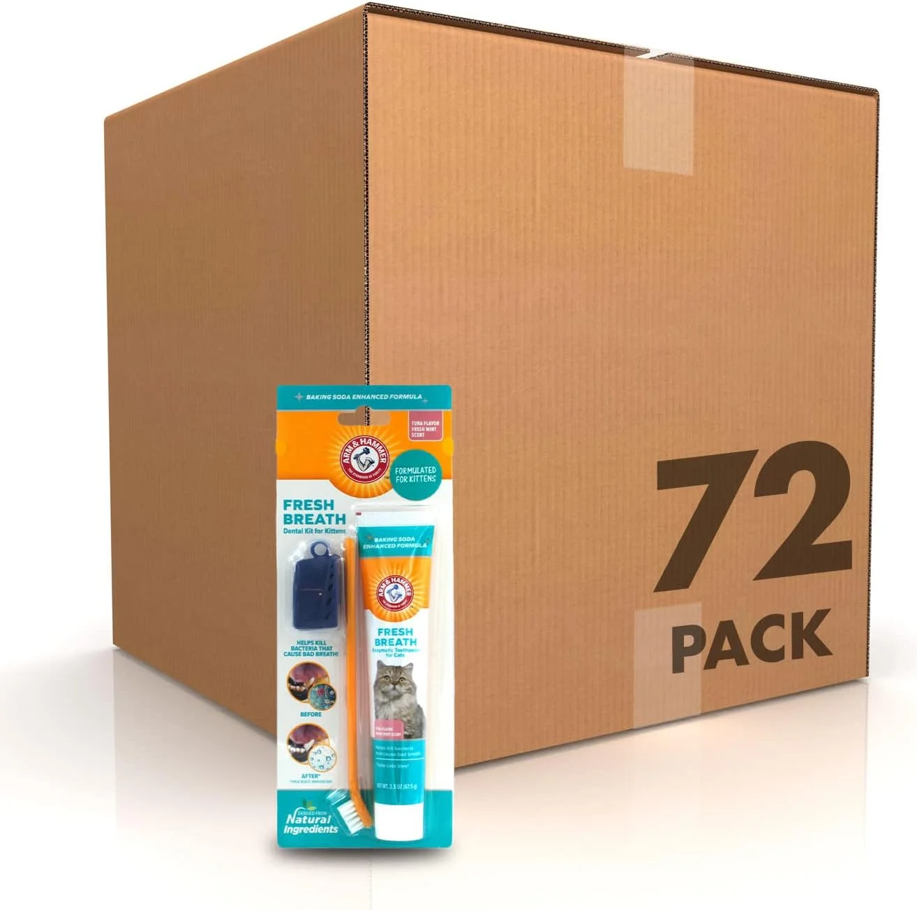 کیت دندانپزشکی نفس تازه Arm & Hammer برای بچه گربه ها | مسواک و خمیر دندان گربه با جوش شیرین | مراقبت از دهان و دندان گربه، کیت دندانپزشکی گربه برای بچه گربه ها با طعم ماهی تن و رایحه نعناع تازه، کیت 3 تکه | بسته 72 عددی