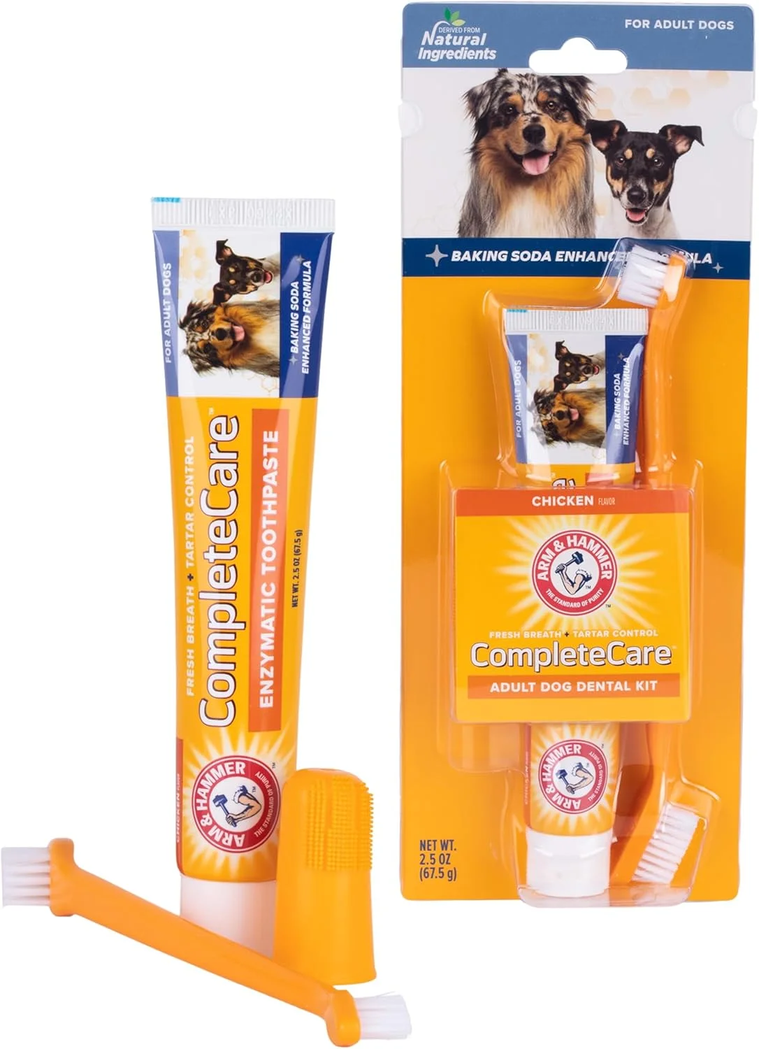 کیت کامل مراقبت دندان سگ Arm & Hammer | خمیر دندان سگ با طعم مرغ 70 گرم، مسواک دو طرفه سگ، مسواک انگشتی لاستیکی سگ | فرمول تقویت شده با جوش شیرین Arm & Hammer