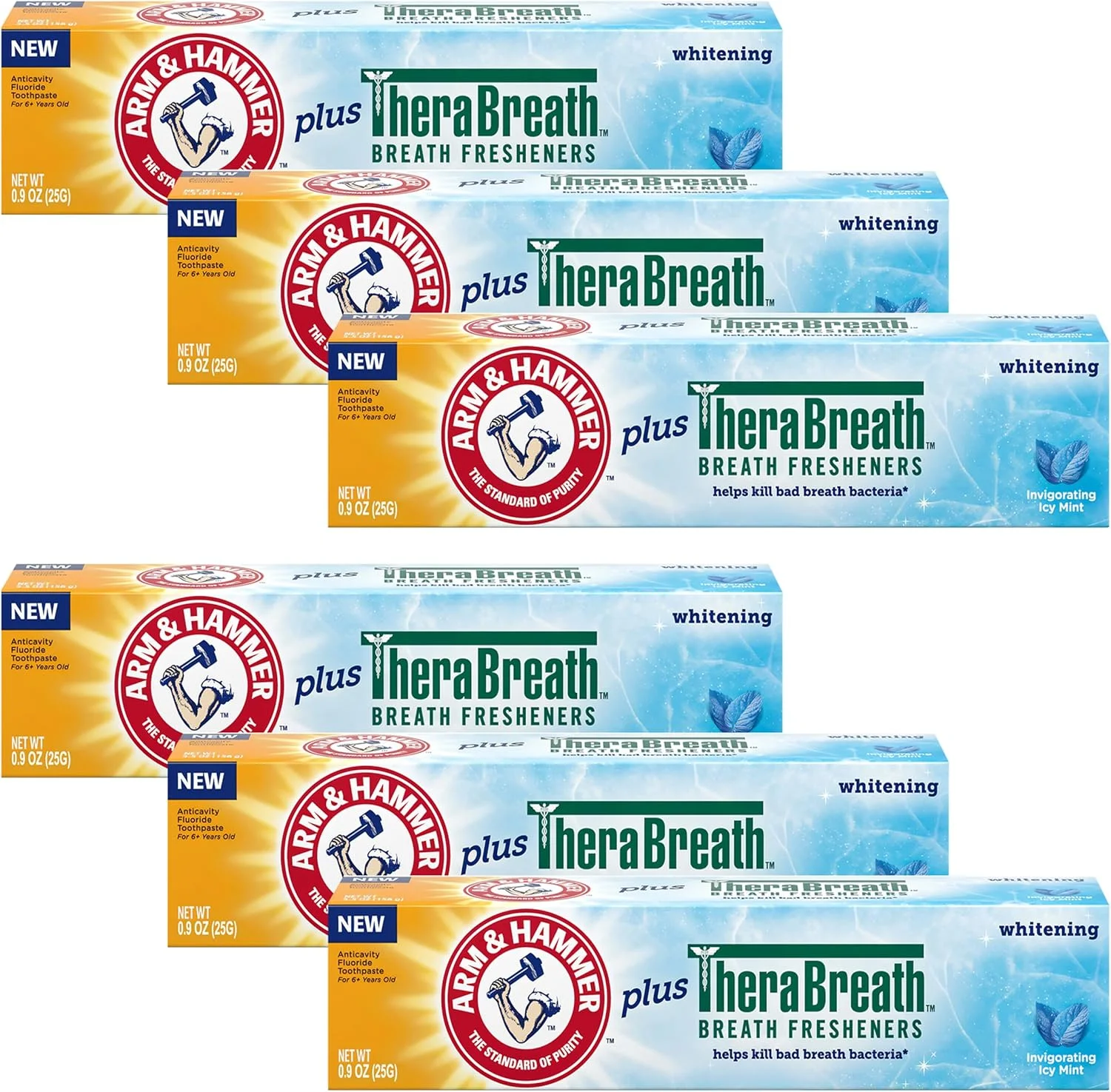 خمیر دندان سفید کننده آرم اند همر پلاس ترا، بسته 6 عددی، نعناع یخی، خمیر دندان ضد پوسیدگی حاوی فلوراید و جوش شیرین، خمیر دندان تقویت کننده مینای دندان، اندازه مسافرتی 25.5 گرم