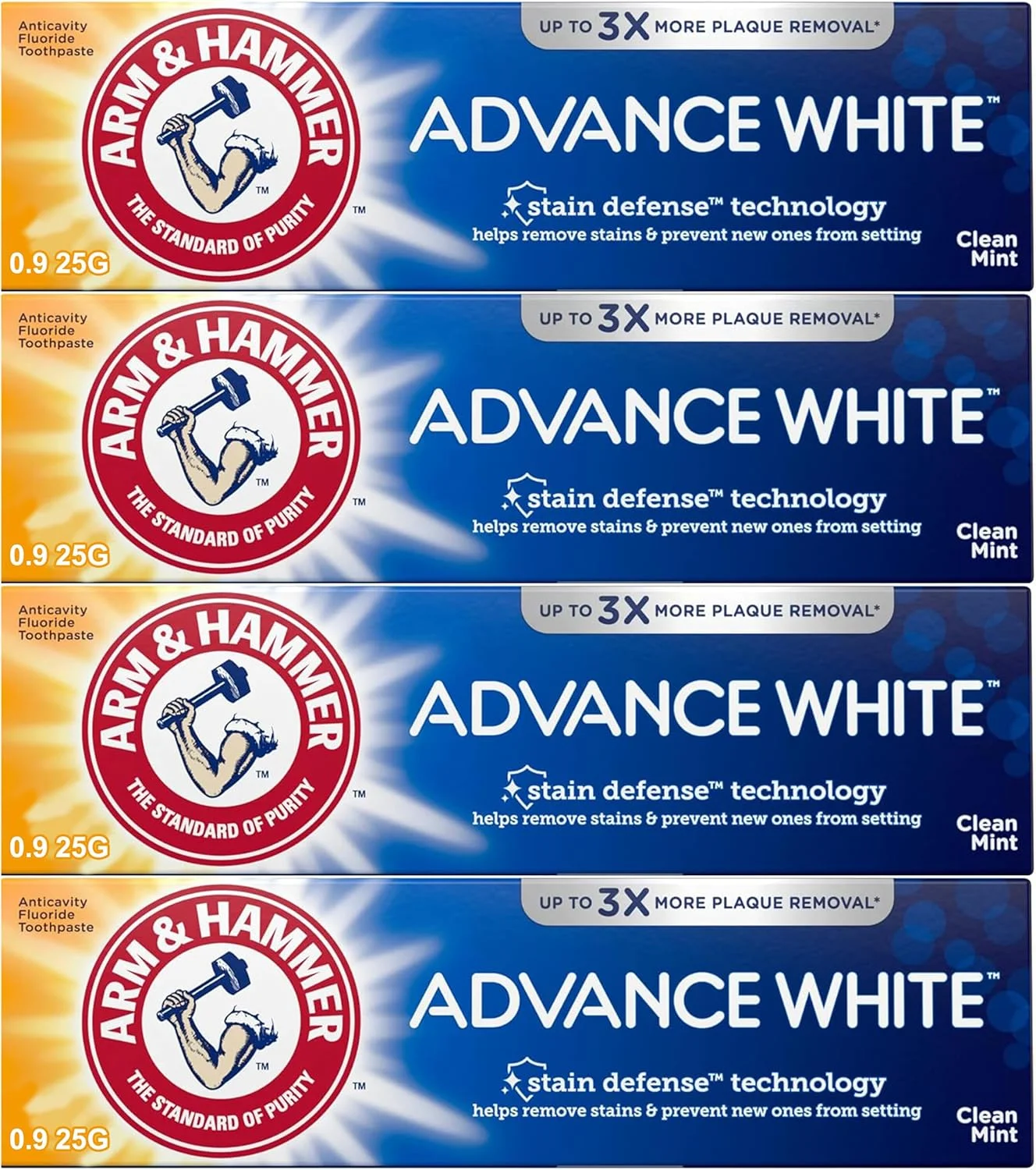 خمیر دندان سفید کننده پیشرفته آرم اند همر، اندازه مسافرتی 25.5 گرم، بسته 4 عددی.