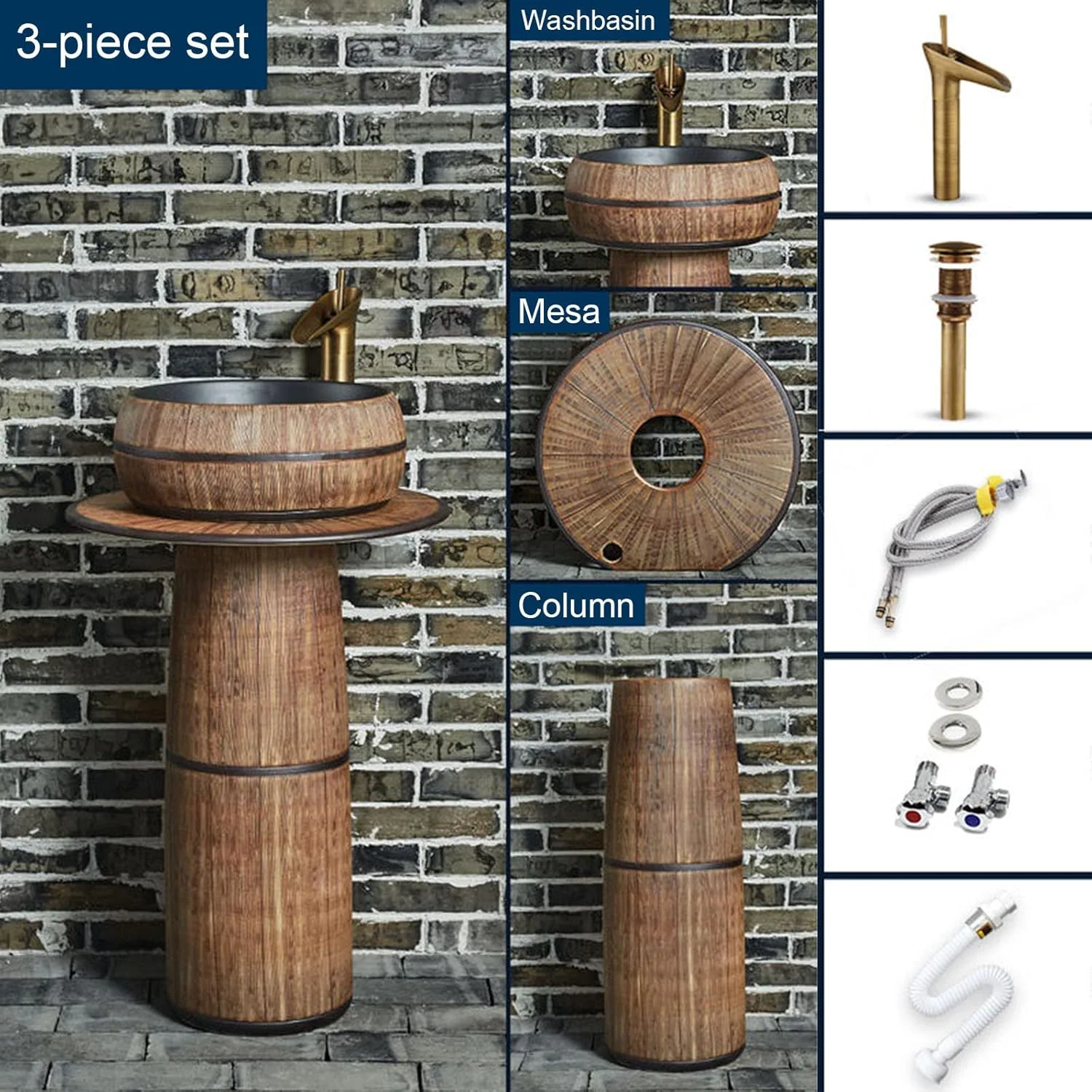 GBMULG روشویی پایه دار، روشویی سرامیکی مدرن، روشویی پایه دار سرامیکی و پایه حمام، روشویی پایه دار برای فضای داخلی و خارجی، قهوه ای - بدون آینه