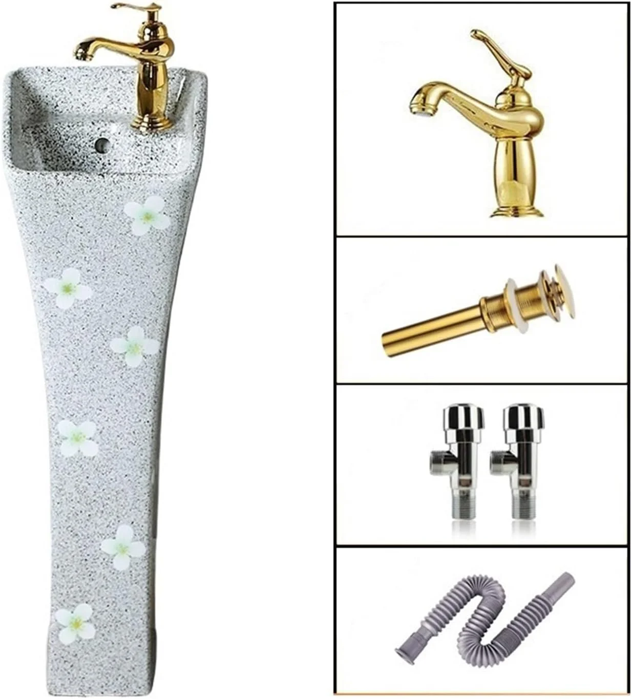 روشویی پایه دار سرامیکی کوچک، کاسه روشویی هنری با سوراخ سرریز و شیرآلات، روشویی ایستاده جمع و جور با کیت تخلیه، روشویی پایه دار یک تکه حمام (گریس)