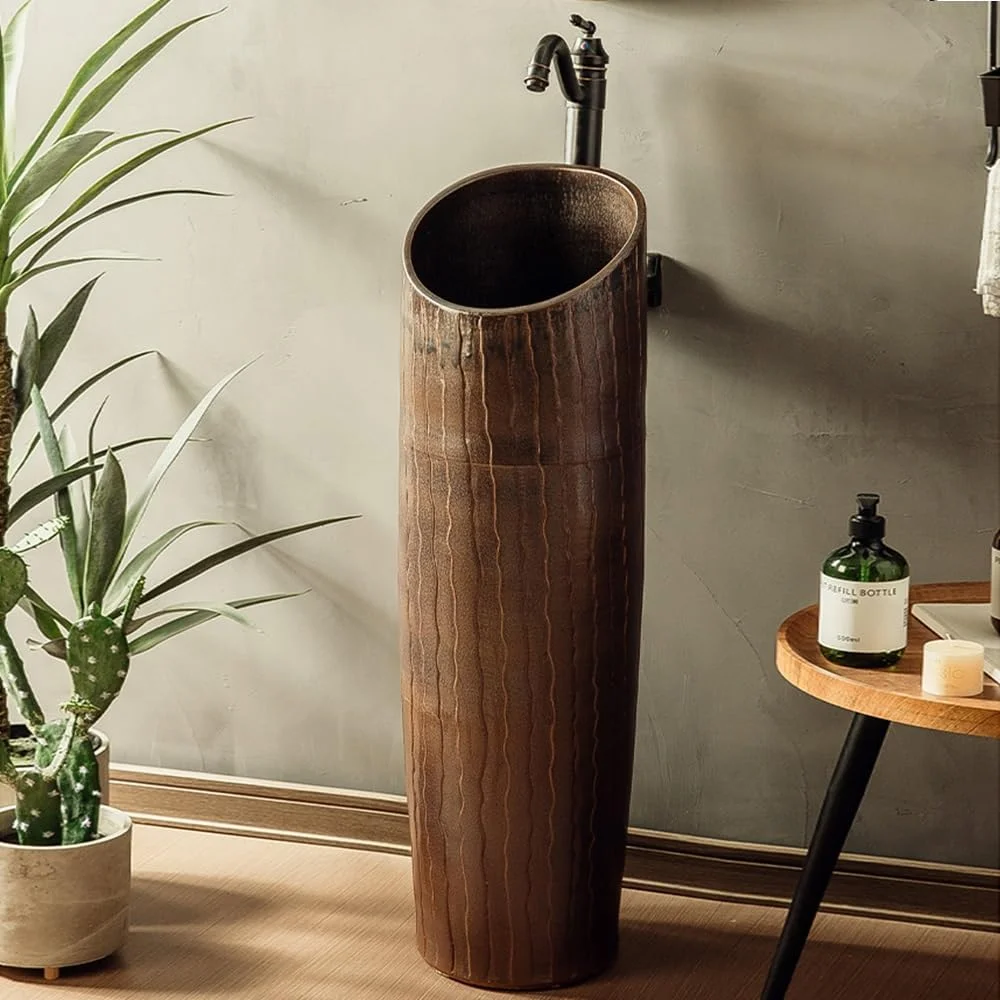 سینک پایه دار ایستاده برای منزل یا هتل، روشویی سرامیکی دست ساز، روشویی پایه دار، سینک پایه دار گرد از جنس خاک رس کائولن