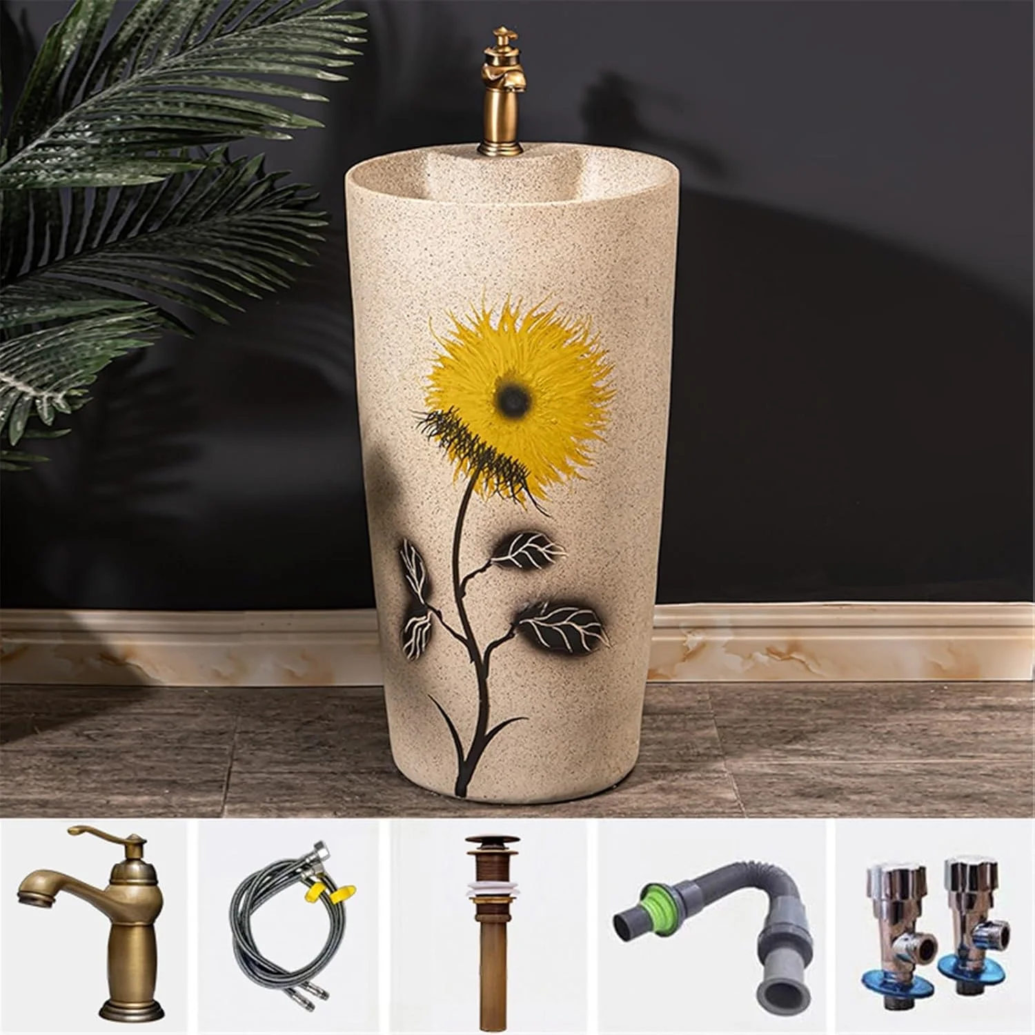 سینک پایه دار GLigeT، روشویی زمینی زیبا با پایه، شیر و تخلیه، سینک داخلی برای روشویی مستقل فضای باز