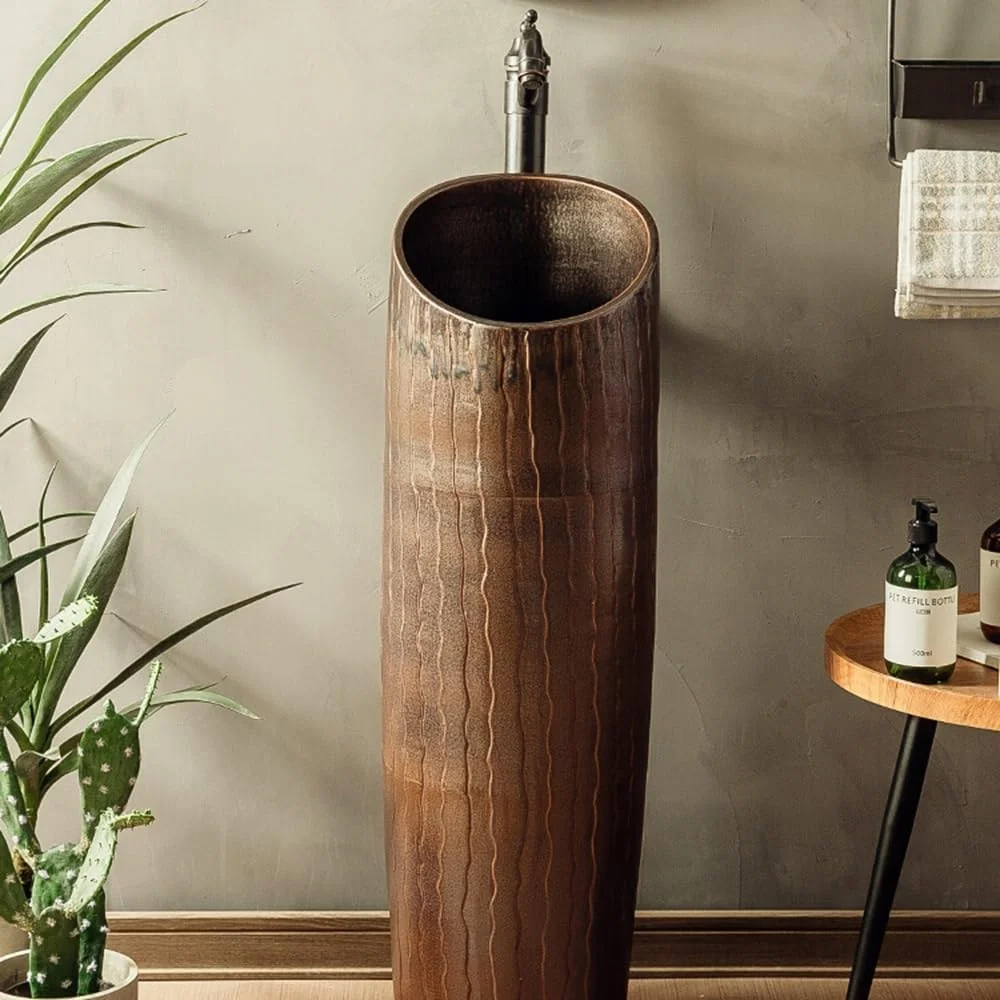 سینک پایه دار ایستاده برای منزل یا هتل، روشویی سرامیکی دست ساز، روشویی پایه دار، سینک پایه دار گرد از جنس خاک رس کائولن