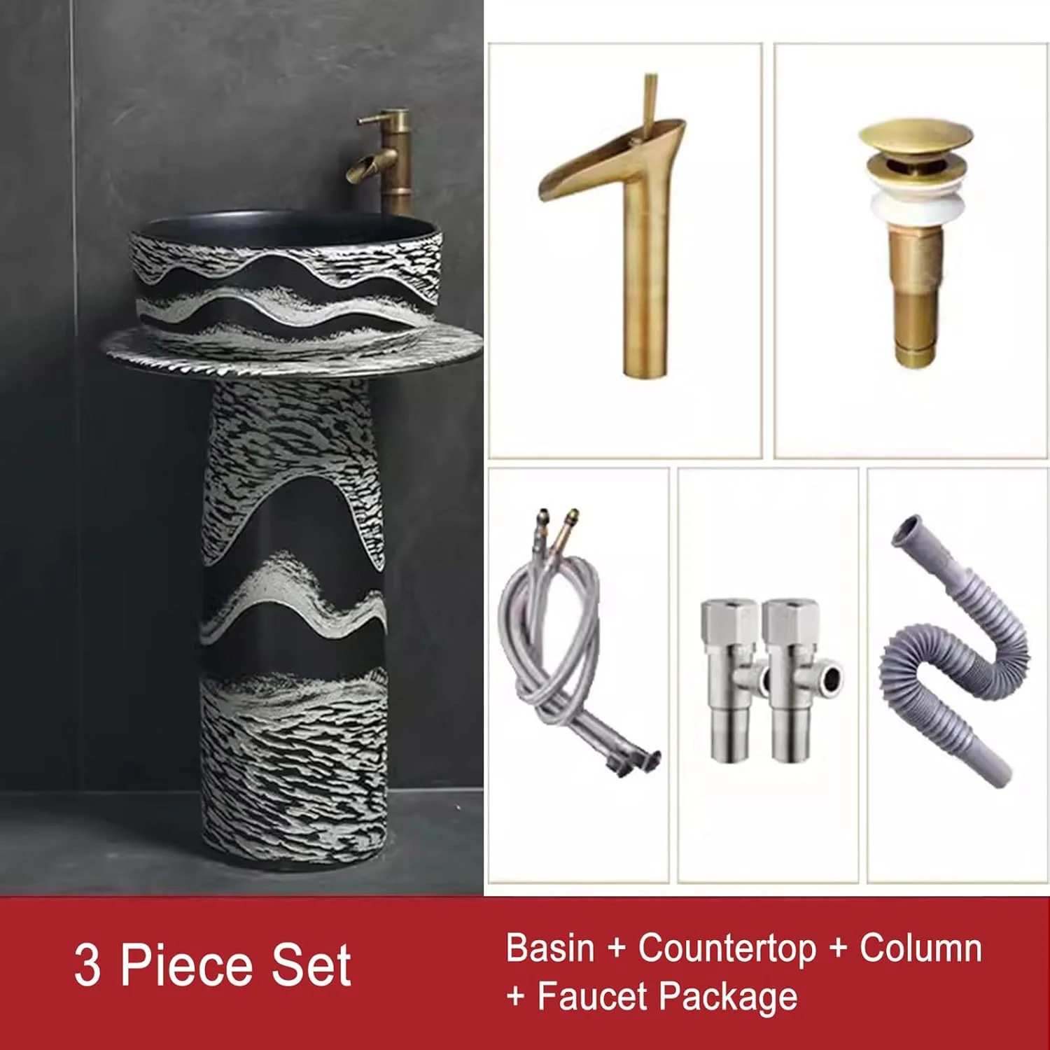 روشویی پایه دار ایستاده، روشویی هنری مناسب هتل، ست روشویی سرامیکی، توالت و کاسه روشویی، روشویی چینی طرح دار سیاه و سفید، ست 4 تکه، ست 3 تکه