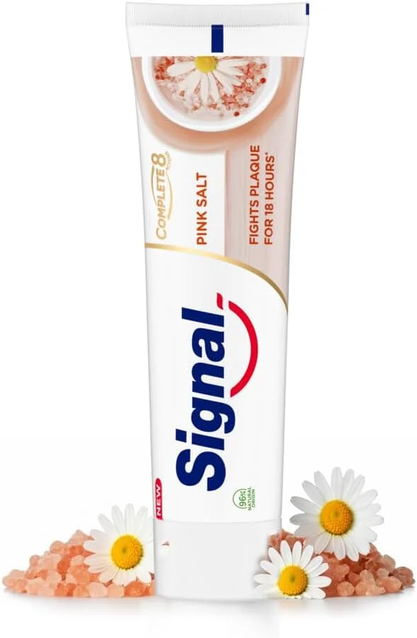 خمیر دندان سیگنال Complete 8 Nature Elements، نمک صورتی و بابونه، مبارزه با پلاک تا 18 ساعت*، 75 میلی لیتر خمیر دندان سیگنال Complete 8 Nature Elements، نمک صورتی و بابونه، مبارزه با پلاک تا 18 ساعت*، 75 میلی لیتر