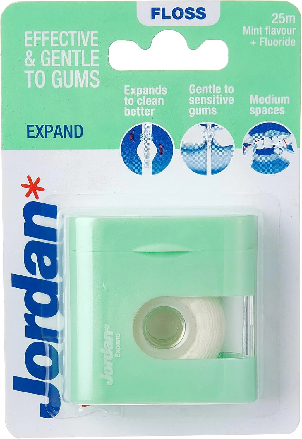 نخ دندان متورم شونده جردن با طعم نعناع و حاوی خمیر دندان، 25 متر، 1 عدد