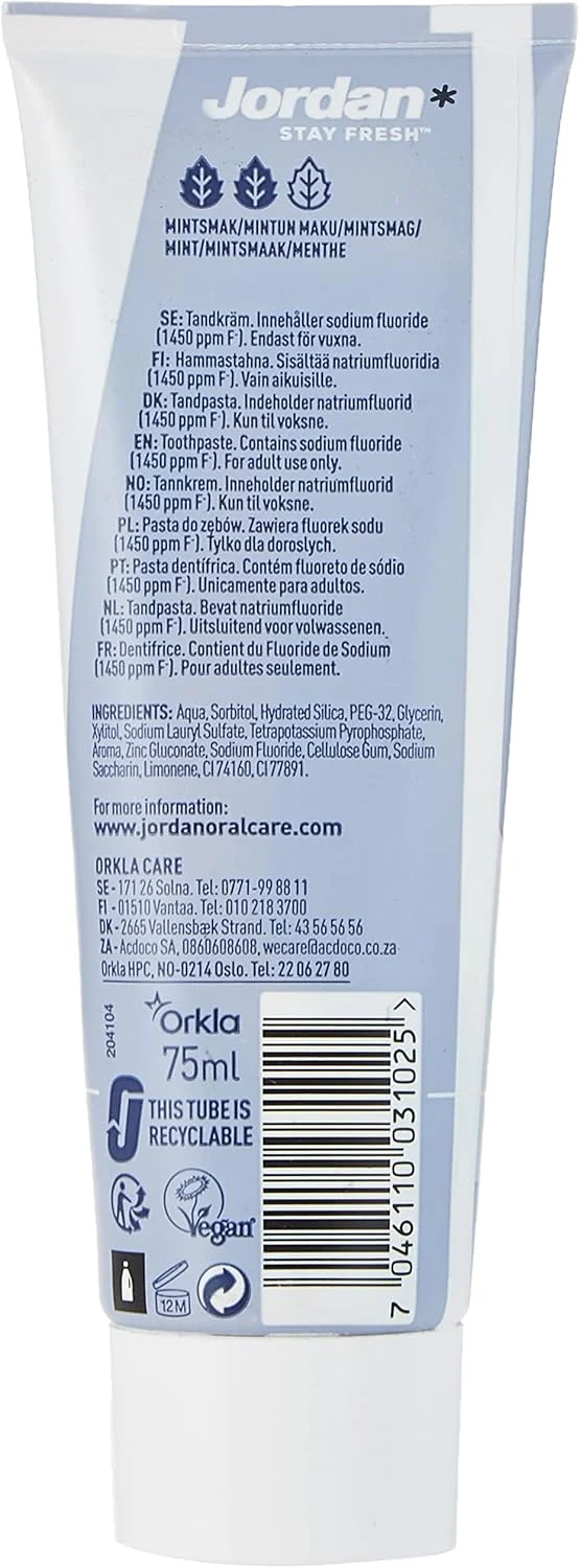 خمیر دندان سفید کننده جردن وایت اسمایل، تیوب 75 میلی لیتری، از بین برنده لکه های روزانه مانند قهوه و چای، حاوی زینک و زایلیتول، اثر سفید کنندگی، ملایم بر روی مینای دندان، توسعه یافته و تولید شده در اسکاندیناوی