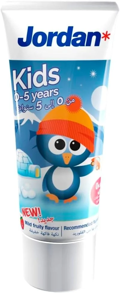 خمیر دندان کودک جردن با طعم ملایم میوه ای برای 0-5 سال، رنگ/طرح متنوع، 50 میلی لیتر، ملایم و موثر، فرموله شده ویژه برای محافظت از دندان های کودکان در برابر پوسیدگی