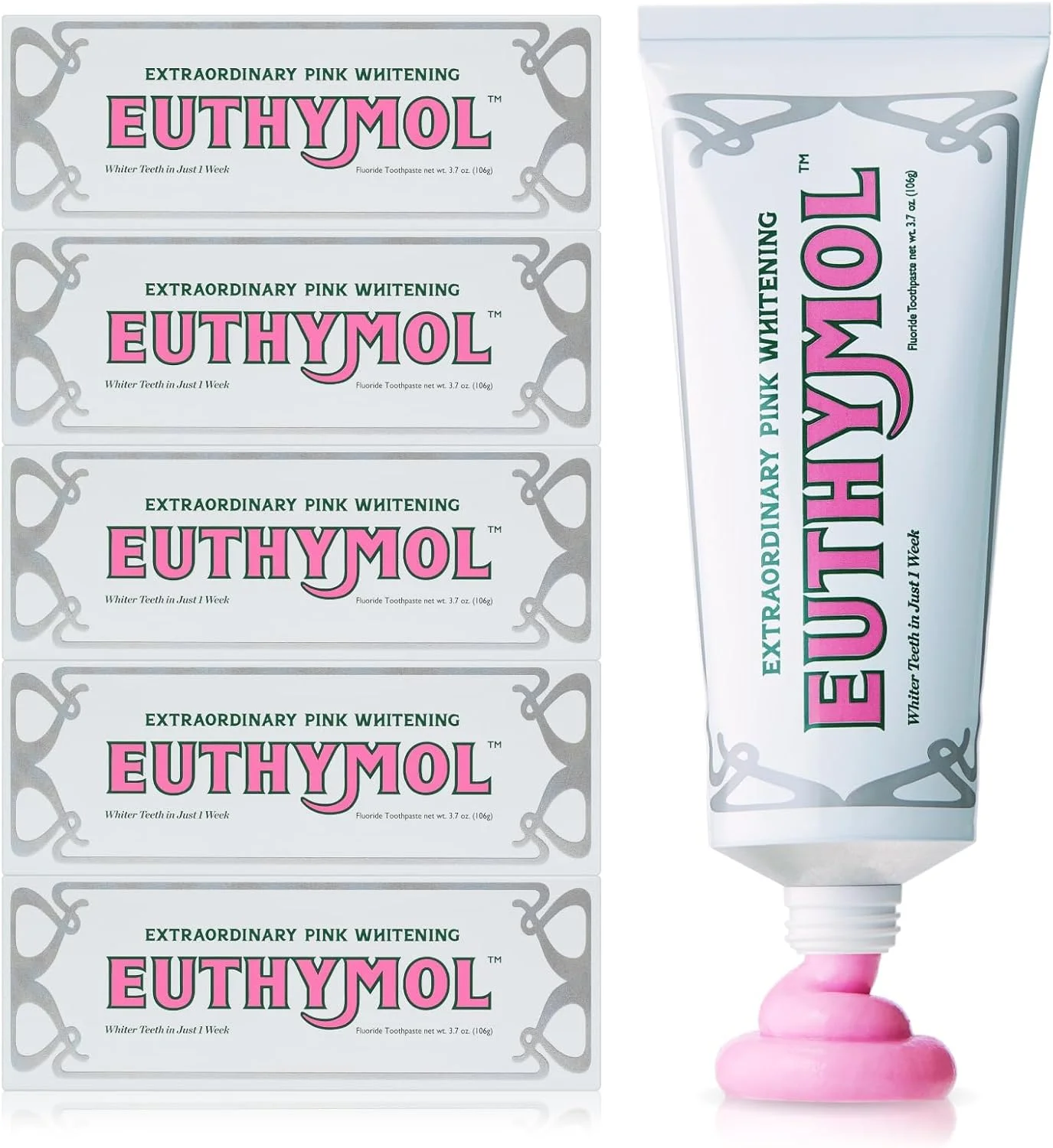 خمیر دندان سفید کننده EUTHYMOL (110 میلی لیتر، بسته 5 عددی) - از بین بردن لکه در 2 هفته، طراوت طولانی مدت برای لثه و دندان های حساس. رفع بوی بد دهان، جلوگیری از پوسیدگی. تیوب آلومینیومی قابل بازیافت.