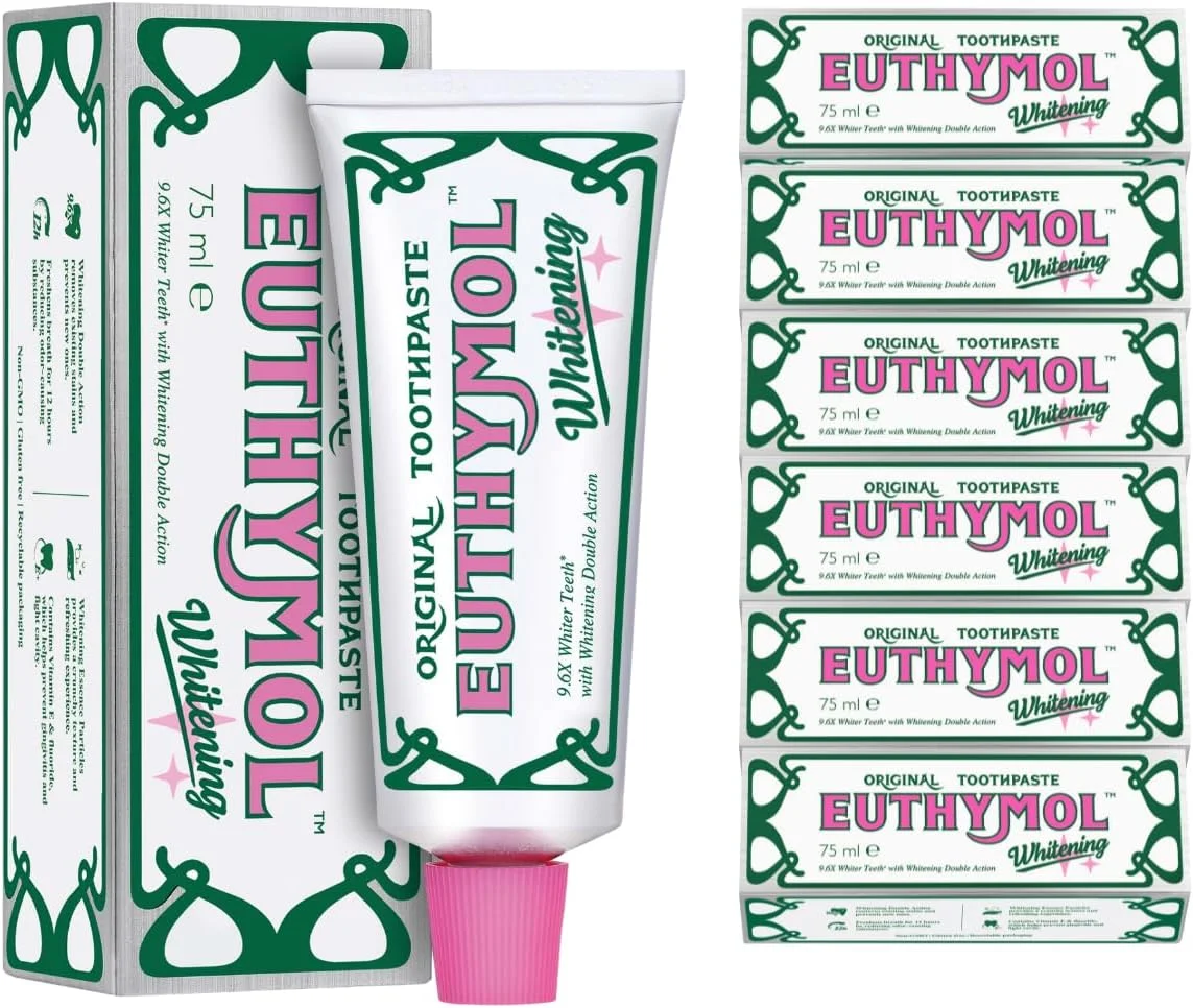 خمیر دندان سفید کننده یوتیمول 75 میلی لیتر بسته 6 عددی، خمیر دندان بدون GMO، بدون گلوتن، حاوی ویتامین E، از بین برنده پلاک، خمیر دندان آنتی باکتریال، دندان های سفید، تمیز و سالم، طراوت بخش مراقبت از دندان، پاکیزگی لثه