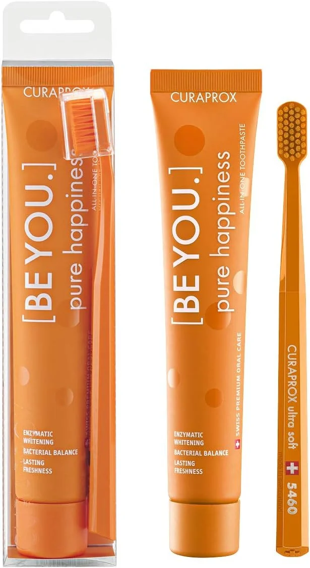 ست مسواک و خمیر دندان CURAPROX BE YOU، با طعم هلو-زردآلو برای دندان های سفید، شادی خالص، سفید کننده دندان با طعم، وگان، 90 میلی لیتر