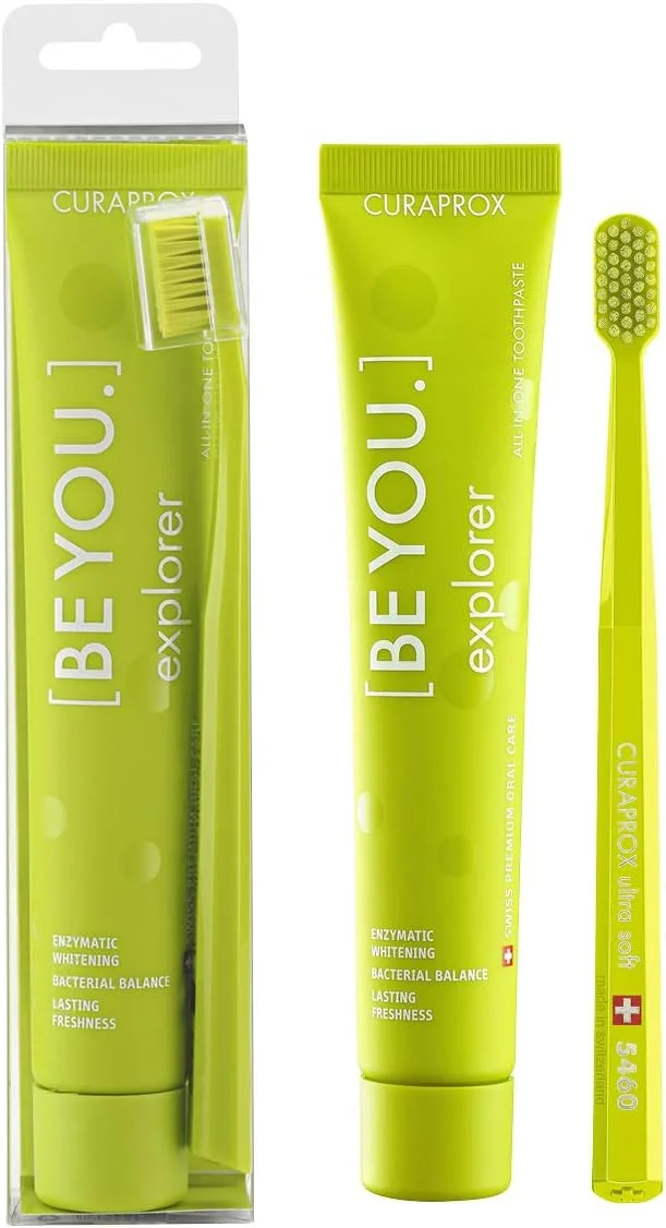ست مسواک و خمیر دندان CURAPROX BE YOU، با طعم سیب-آلوئه ورا برای دندان های سفید، اکسپلورر، سفید کننده دندان با طعم، وگان، 90 میلی لیتر