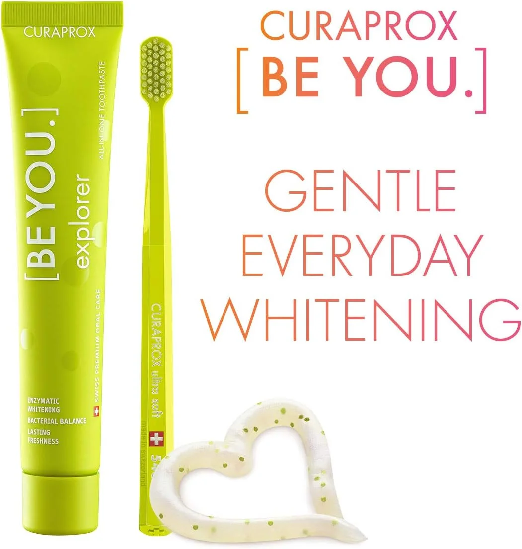ست مسواک و خمیر دندان CURAPROX BE YOU، با طعم سیب-آلوئه ورا برای دندان های سفید، اکسپلورر، سفید کننده دندان با طعم، وگان، 90 میلی لیتر ست مسواک و خمیر دندان CURAPROX BE YOU، با طعم سیب-آلوئه ورا برای دندان های سفید، اکسپلورر، سفید کننده دندان با طعم، وگان، 90 میلی لیتر