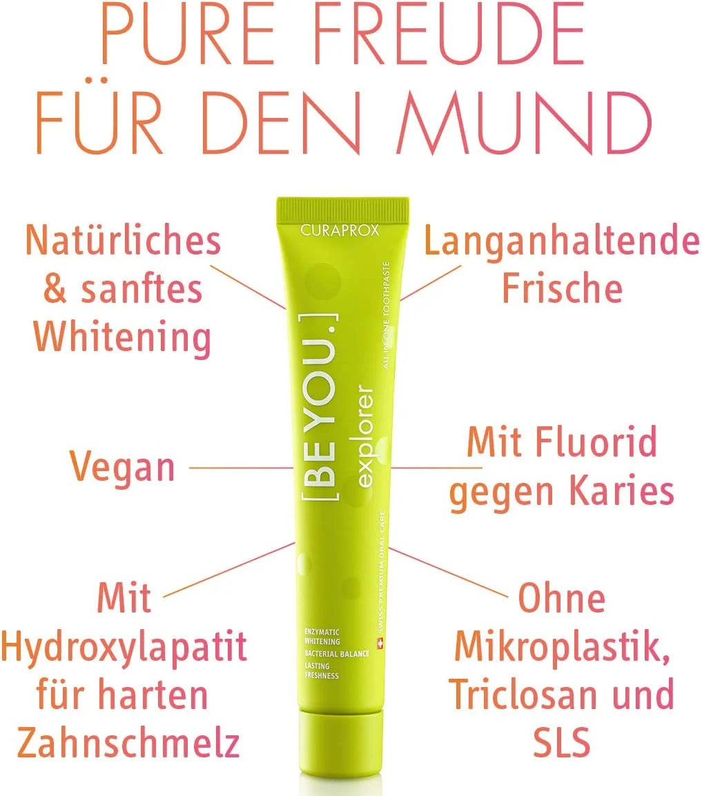 ست مسواک و خمیر دندان CURAPROX BE YOU، با طعم سیب-آلوئه ورا برای دندان های سفید، اکسپلورر، سفید کننده دندان با طعم، وگان، 90 میلی لیتر ست مسواک و خمیر دندان CURAPROX BE YOU، با طعم سیب-آلوئه ورا برای دندان های سفید، اکسپلورر، سفید کننده دندان با طعم، وگان، 90 میلی لیتر
