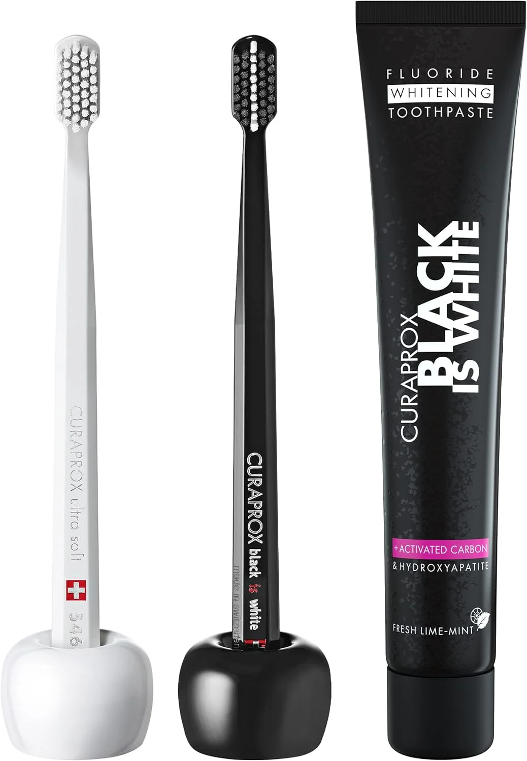 ست مسواک Curaprox CS 5460، 2 عدد نگهدارنده مسواک و خمیر دندان زغالی فعال، کیت خانگی، Black is White