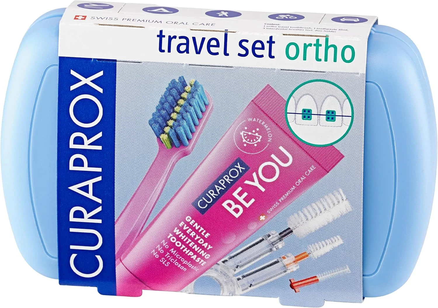 ست مسافرتی ارتودنسی آبی Curaprox | شامل مسواک مسافرتی CS 5460، خمیر دندان 10 میلی لیتری Be You، برس های بین دندانی CPS Prime 07 & 09 | کیت جمع و جور مراقبت از دهان و دندان برای سفر