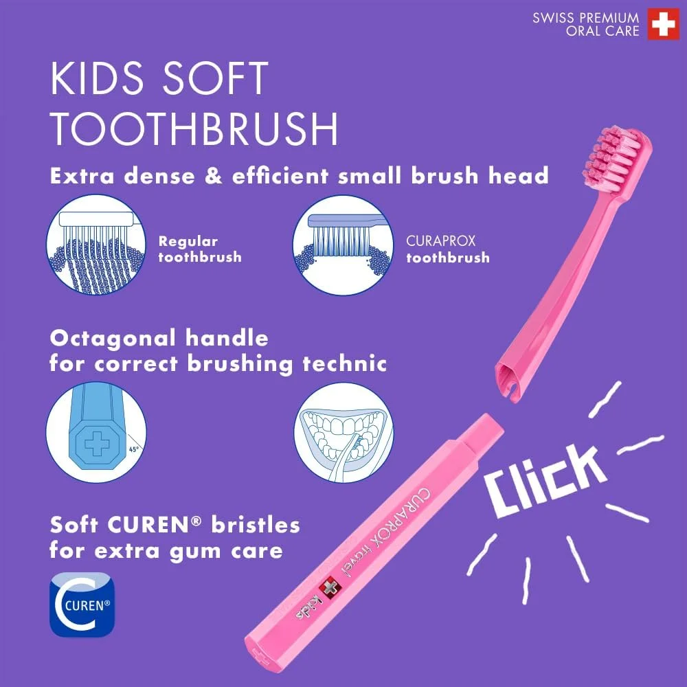 ست مسافرتی بهداشت دهان و دندان کودکان Curaprox، صورتی – مسواک کودکانه بسیار نرم با 5500 رشته، خمیر دندان فلوراید 10 میلی لیتری و برس بین دندانی CPS | کیت جمع و جور مراقبت از دهان و دندان و ست هدیه برای کودکان 6 تا 12 سال