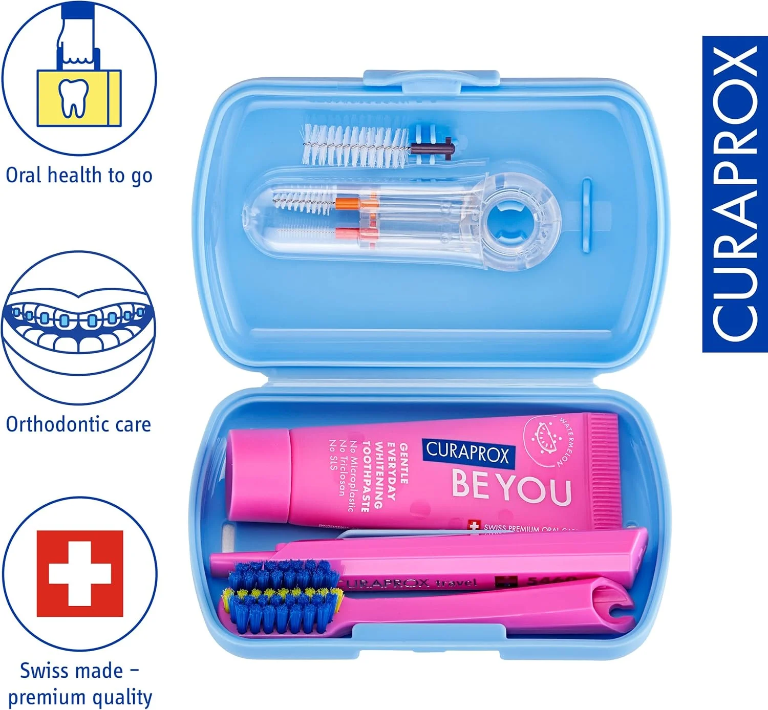 ست مسافرتی ارتودنسی آبی Curaprox | شامل مسواک مسافرتی CS 5460، خمیر دندان 10 میلی لیتری Be You، برس های بین دندانی CPS Prime 07 & 09 | کیت جمع و جور مراقبت از دهان و دندان برای سفر
