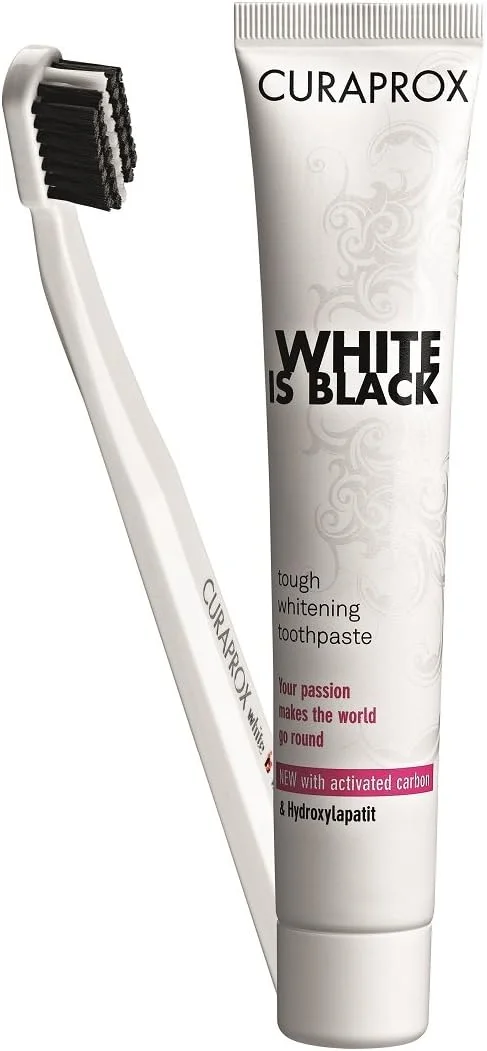 خمیر دندان سفید کننده زغالی Curaprox White Is Black حجم 90 میلی لیتر به همراه ست مسواک Curaprox Cs 5460 Curen Filaments.