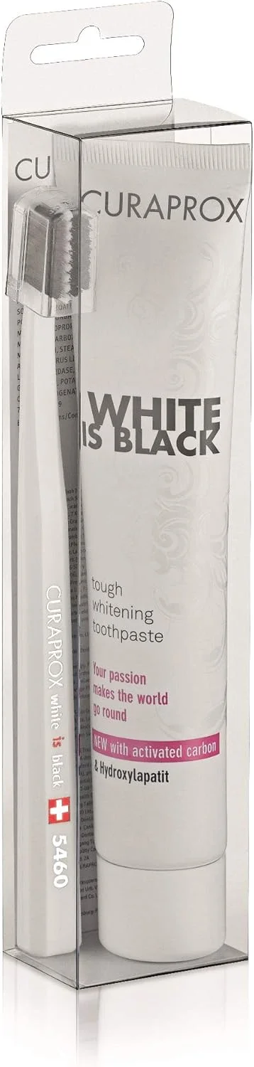 خمیر دندان سفید کننده زغالی Curaprox White Is Black حجم 90 میلی لیتر به همراه ست مسواک Curaprox Cs 5460 Curen Filaments.