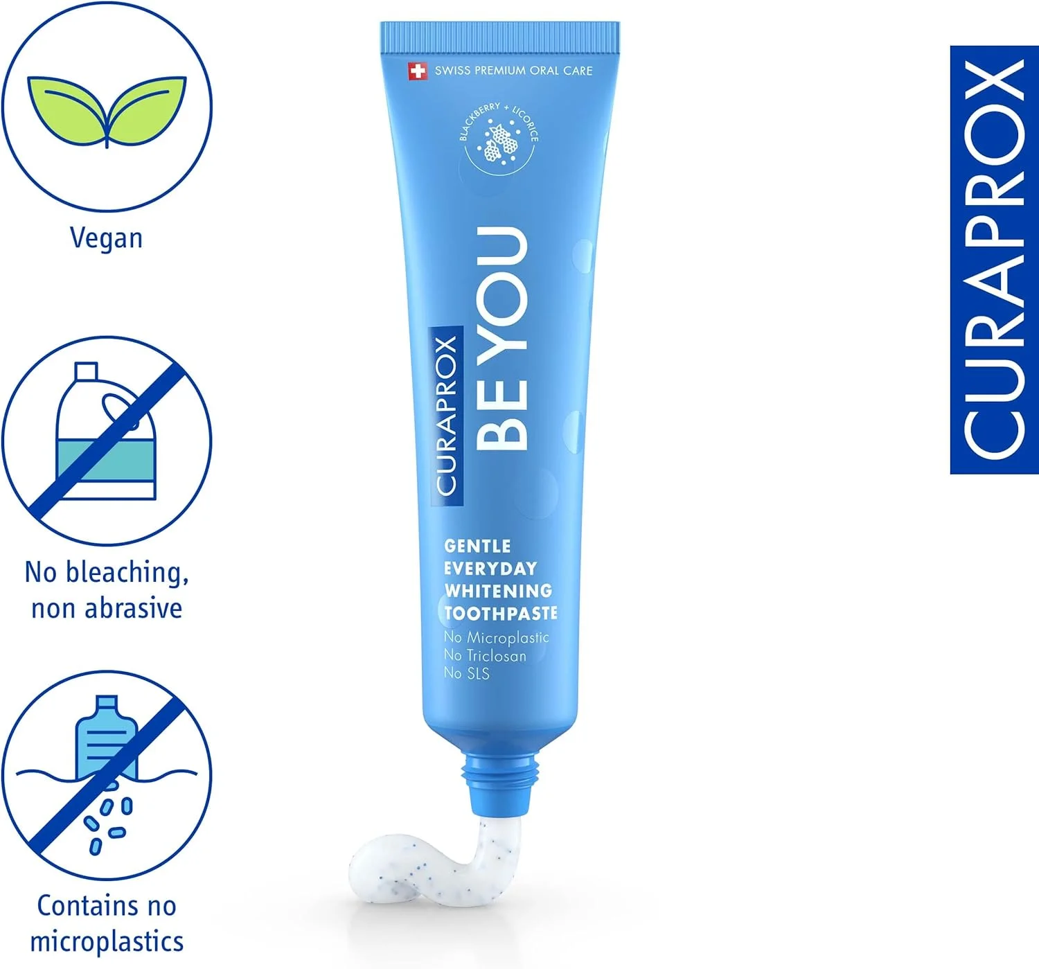 خمیر دندان کیوراپروکس Be You توت سیاه + شیرین بیان | 60 میلی لیتر خمیر دندان سفید کننده ملایم حاوی فلوراید | فرمولاسیون بدون SLS، بدون میکروپلاستیک، بدون تریکلوزان | آبی
