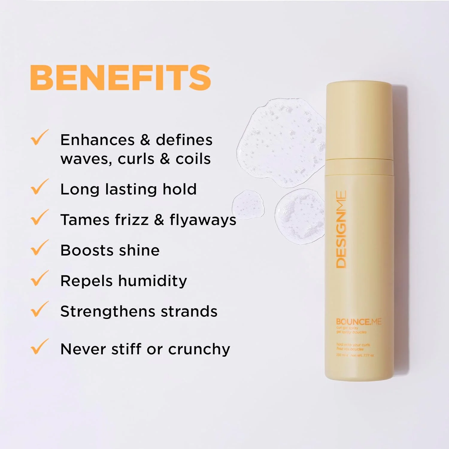 اسپری ژل فر کننده مو دیزاین.می BOUNCE.ME | اسپری حالت دهنده ضد وز موهای فر | ژل حالت دهنده فر با عصاره انبه و روغن های ضروری | اسپری احیا کننده فر برای موهای فر، موج دار و کویل (230 میلی لیتر)
