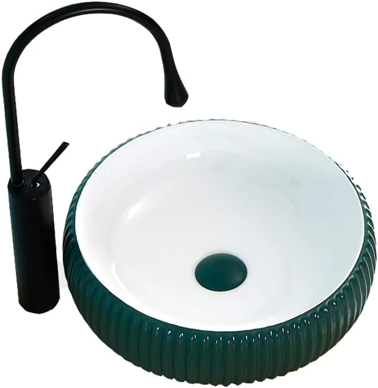 روشویی سرامیکی کوچک JTQDDT مناسب حمام، کاسه روشویی گرد مات روکار، سینک هنری حکاکی شده برای شستشوی سر