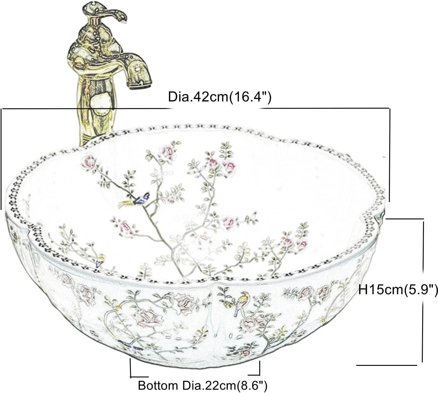 سینک روشویی سرامیکی لوکس، طرح گل، رنگ سفید، با طرح گل و پرنده، مناسب برای نصب روی کابینت، فقط 1 عدد سینک