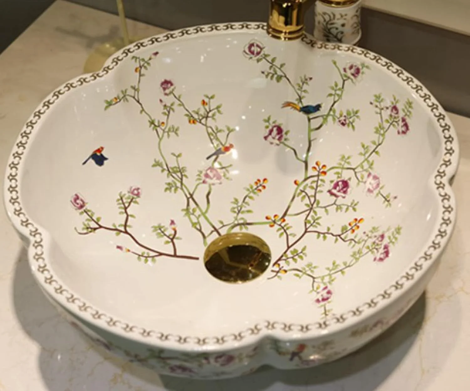 سینک روشویی سرامیکی لوکس، طرح گل، رنگ سفید، با طرح گل و پرنده، مناسب برای نصب روی کابینت، فقط 1 عدد سینک