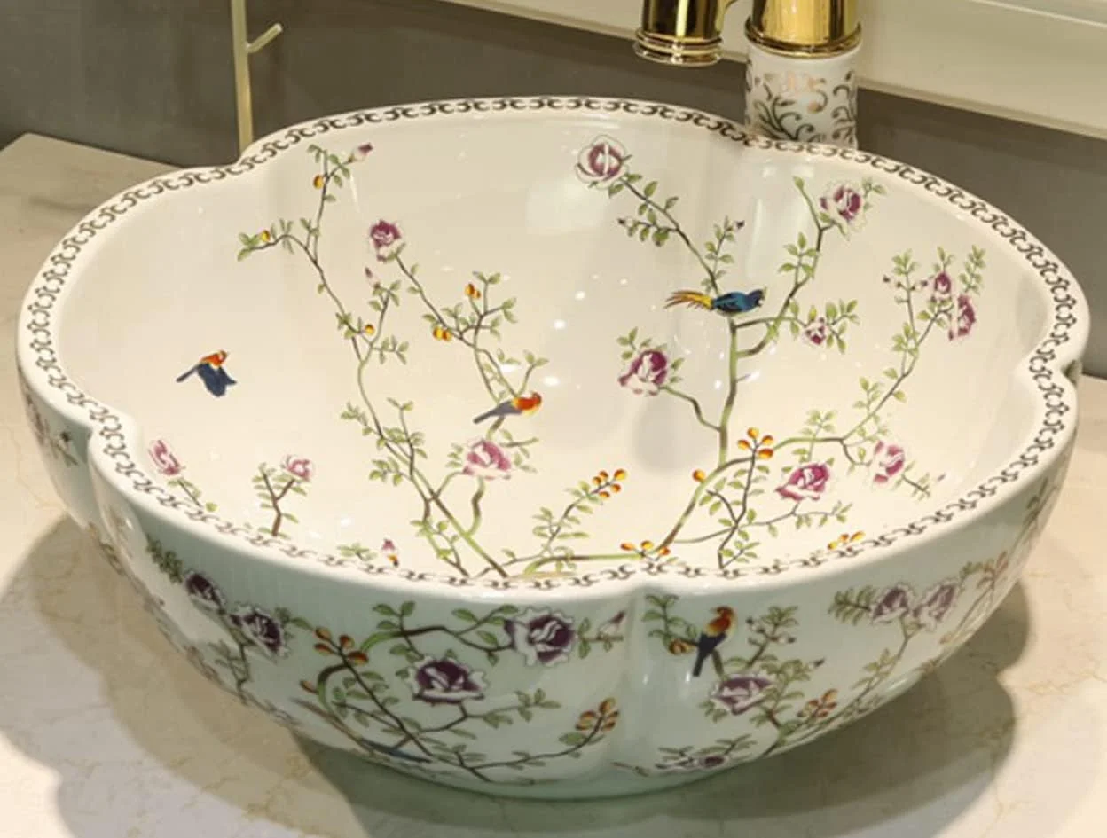 سینک روشویی سرامیکی لوکس، طرح گل، رنگ سفید، با طرح گل و پرنده، مناسب برای نصب روی کابینت، فقط 1 عدد سینک