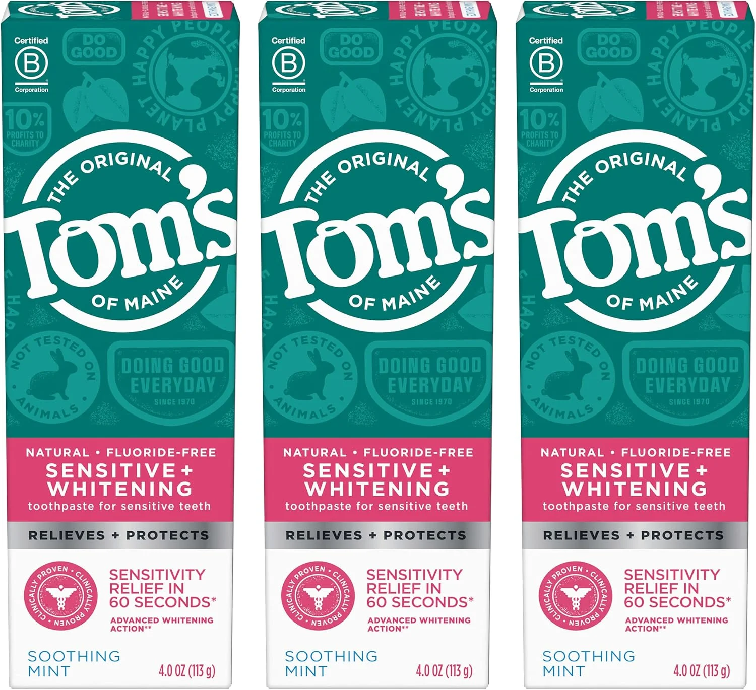 خمیر دندان بدون فلوراید حساس و سفید کننده تامز آف مین، نعناع آرامش بخش 113 گرمی، بسته 3 عددی