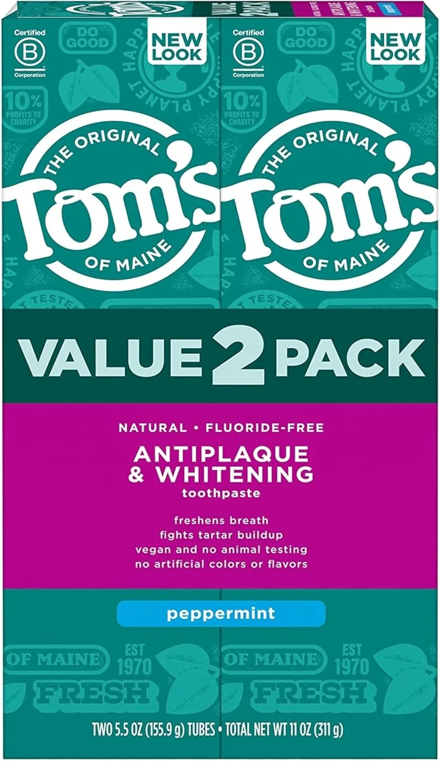 خمیر دندان طبیعی تامز آف مین، ضد پلاک و سفید کننده بدون فلوراید، نعناع، 155 گرم، بسته 2 عددی