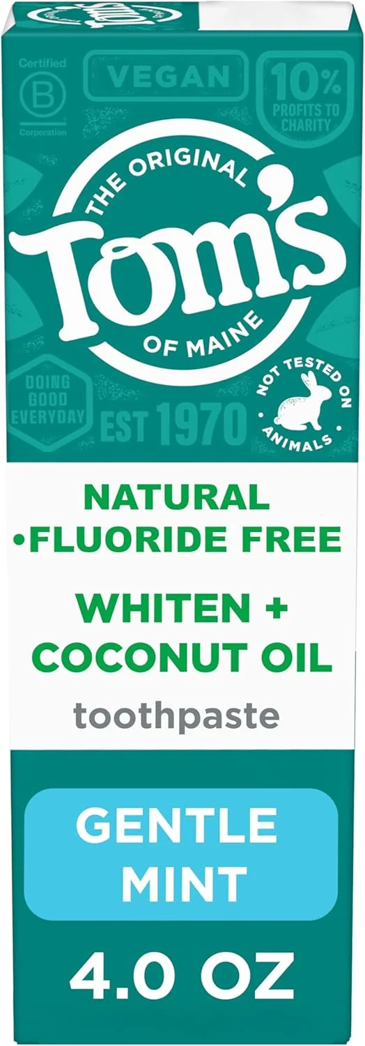 خمیر دندان سفید کننده به علاوه روغن نارگیل بدون فلوراید Tom's of Maine، خمیر دندان سفید کننده طبیعی با روغن نارگیل و پاک کننده های گیاهی، سفید کننده بدون ایجاد حساسیت، نعناع ملایم، 113 گرم