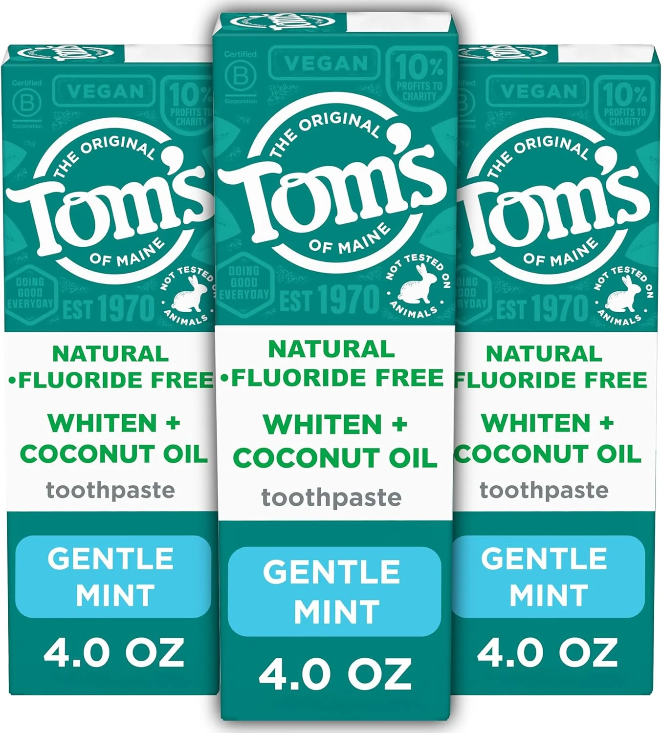 خمیر دندان سفید کننده به علاوه روغن نارگیل بدون فلوراید Tom's of Maine، خمیر دندان سفید کننده طبیعی با پاک کننده های گیاهی، سفید کننده بدون ایجاد حساسیت، نعناع ملایم، 113 گرم (بسته 3 عددی)